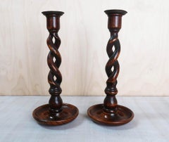 Large Pair of Antique Oak Barley Twist Candlesticks, English, circa 1920