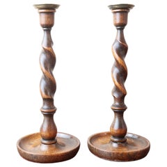 Large Pair of Antique Oak Barley Twist Candlesticks, English, circa 1920