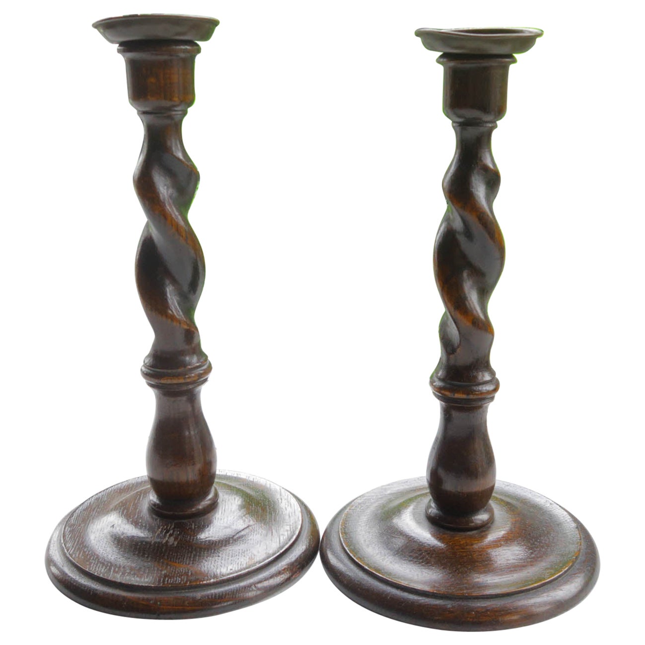 Large Pair of Antique Oak Barley Twist Candlesticks, English, circa 1920