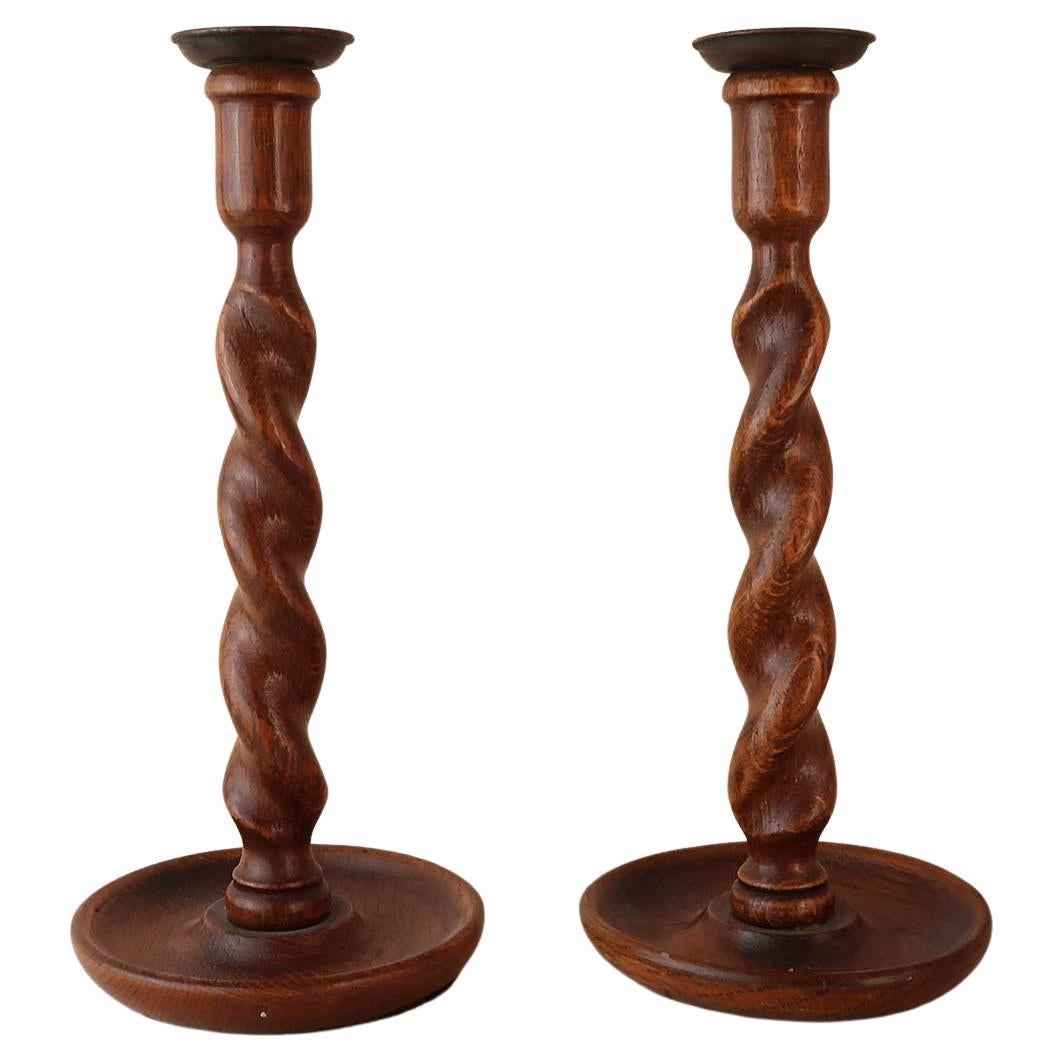 Large Pair of Antique Oak Barley Twist Candlesticks, English, circa
