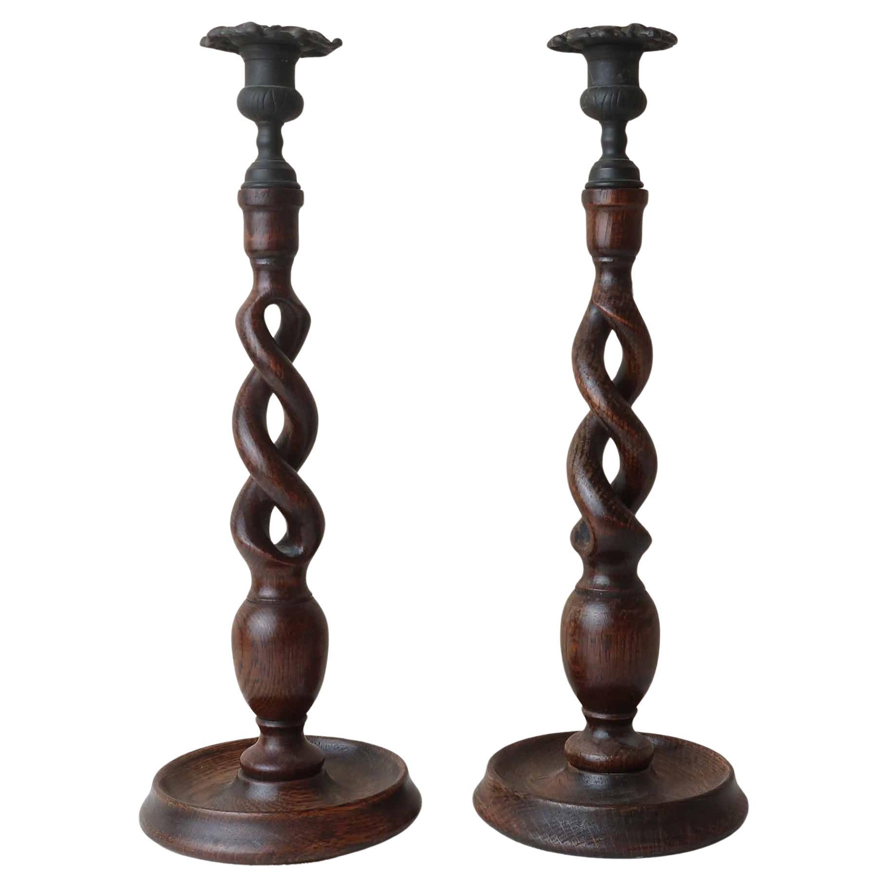 Large Pair of Antique Oak Barley Twist Candlesticks, English, circa 1920 For Sale