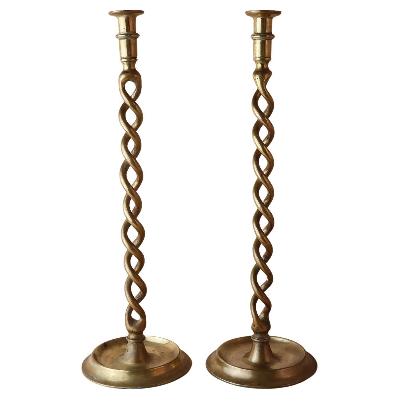 Large Pair of Antique Open Twist Brass Candlesticks. English, 19th