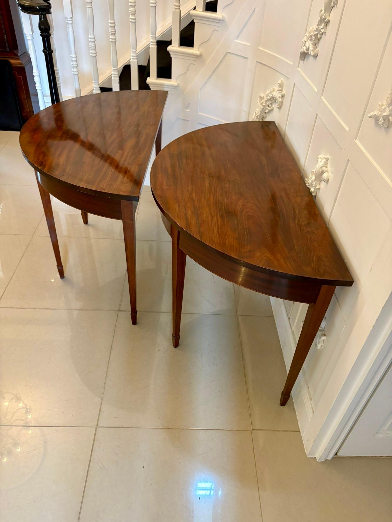 Large Pair of Antique Quality Figured Mahogany Demi Lune Shaped Console Tables For Sale 6
