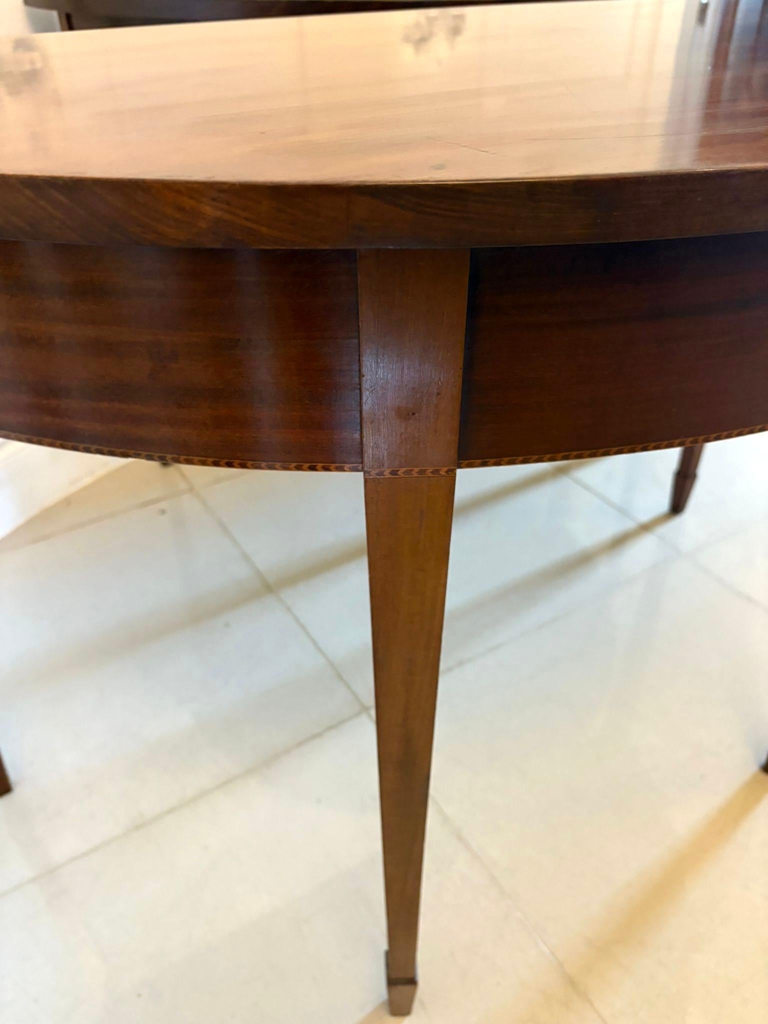English Large Pair of Antique Quality Figured Mahogany Demi Lune Shaped Console Tables For Sale