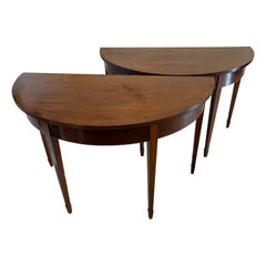 Large Pair of Antique Quality Figured Mahogany Demi Lune Shaped Console Tables