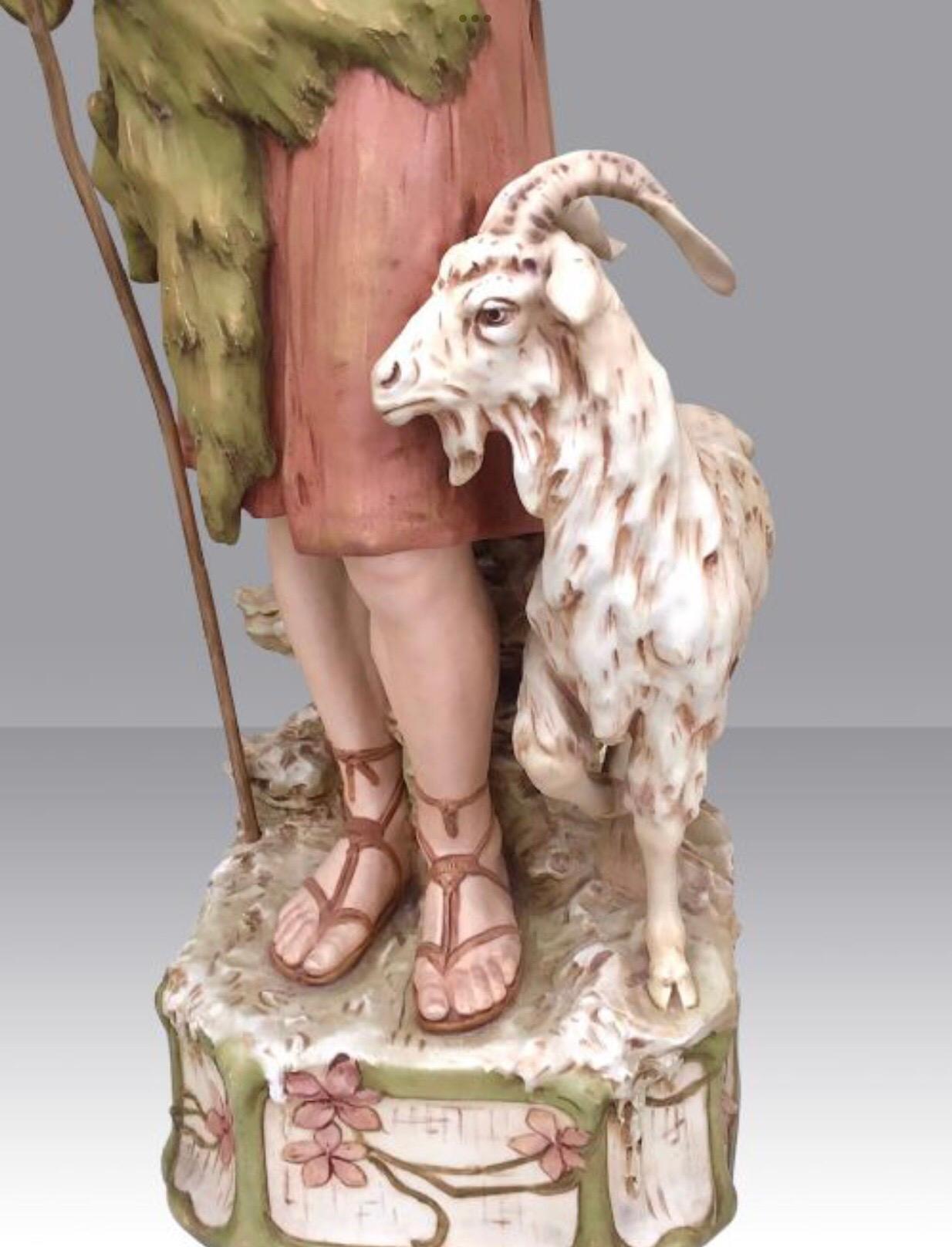 Very large pair of antique Royal Dux figures of shepherd with goat and shepherdess with sheep.
Superb original condition
c1920
 Measures: 31.5 tall {81.5cm}.