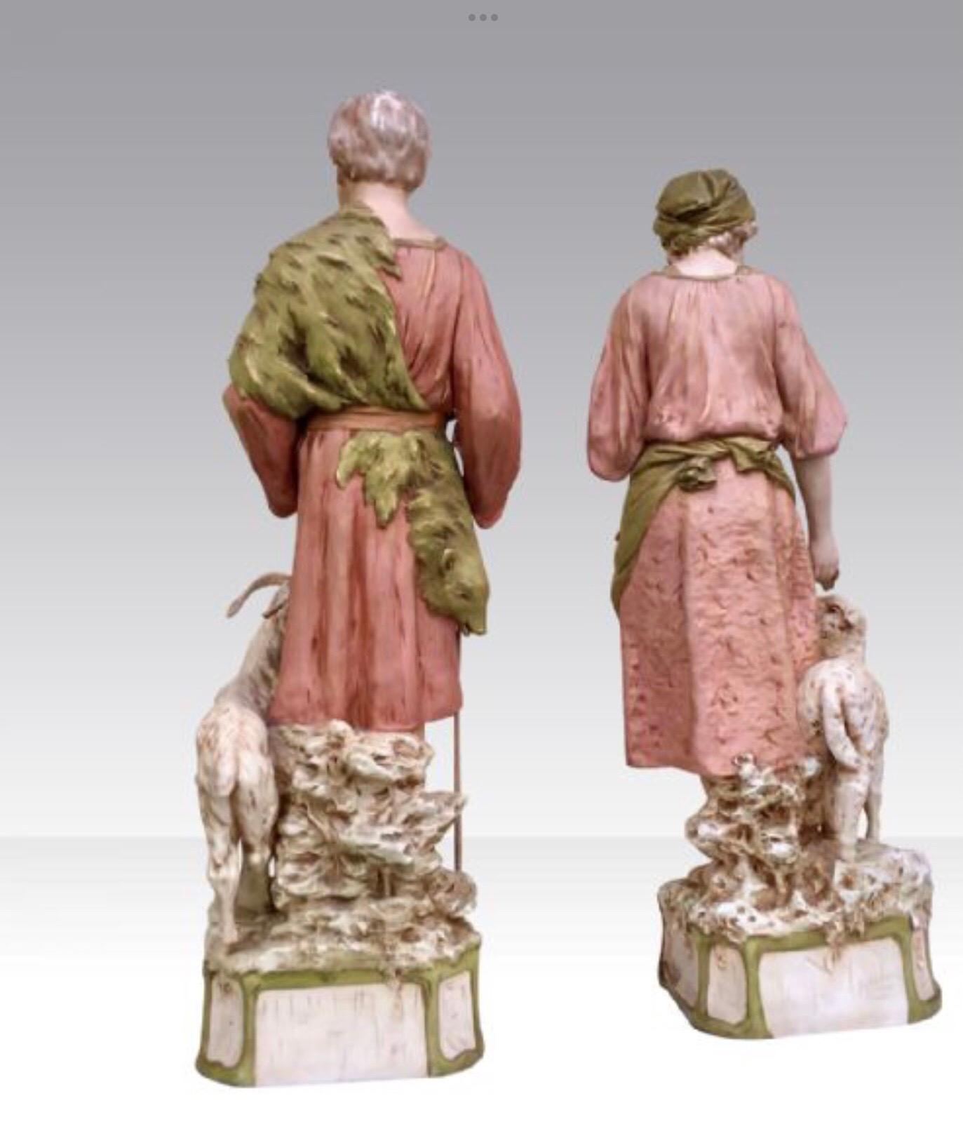 Czech Large Pair of Antique Royal Dux Figures, Shepherd and Shepherdess