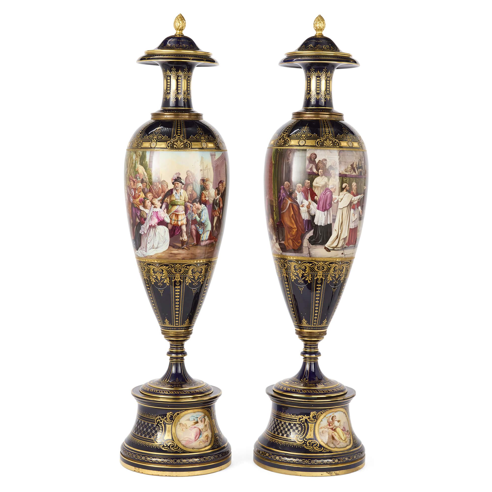 Néoclassique Grande paire de vases anciens en Royal Vienna Porcelain en vente