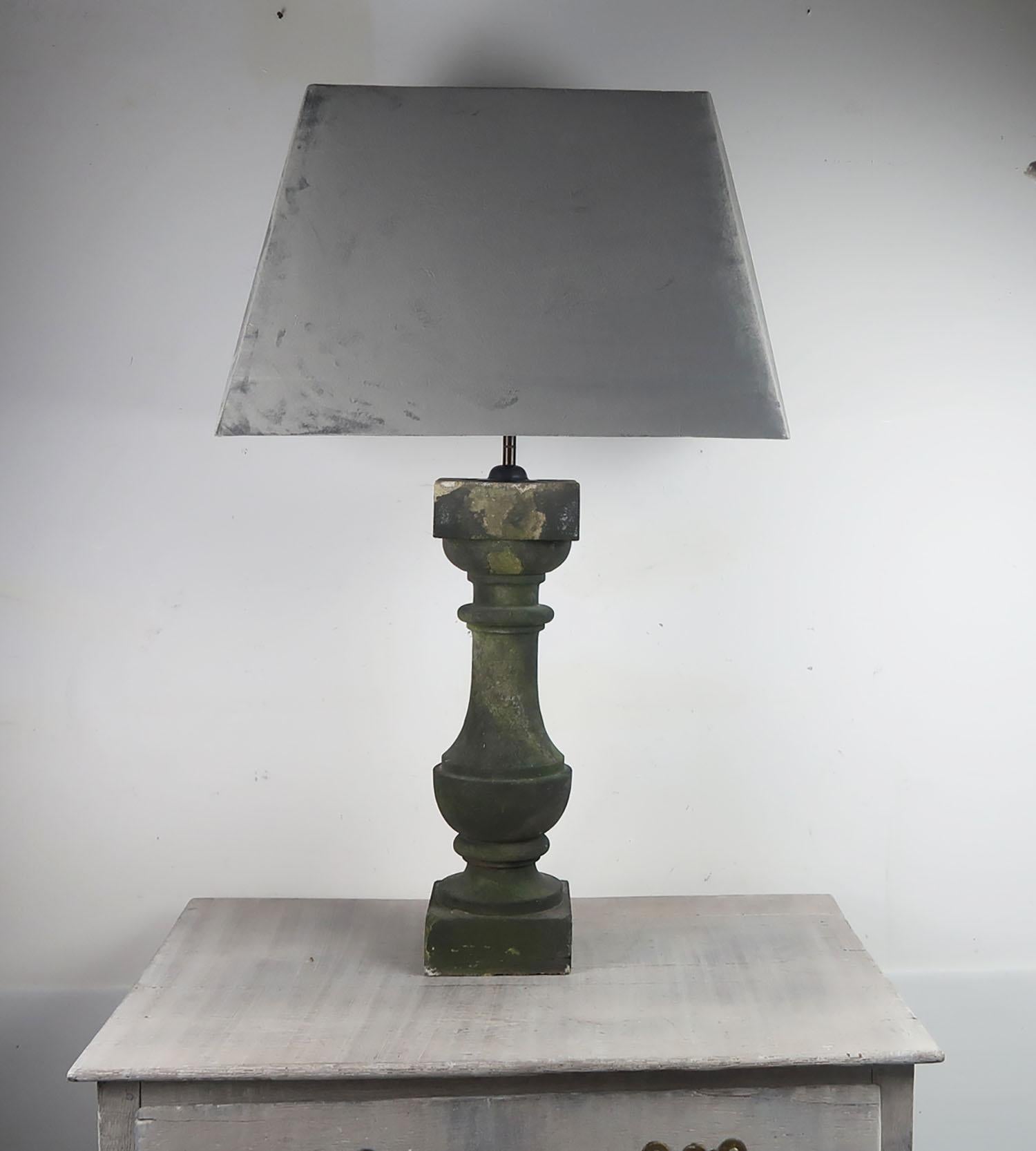 Wonderful pair of balustrade lamps

Converted from architectural elements,

19th century

Turned sandstone.

Original aged patina. 

Grey velvet shades included.

Re-wired to UK standards.





 