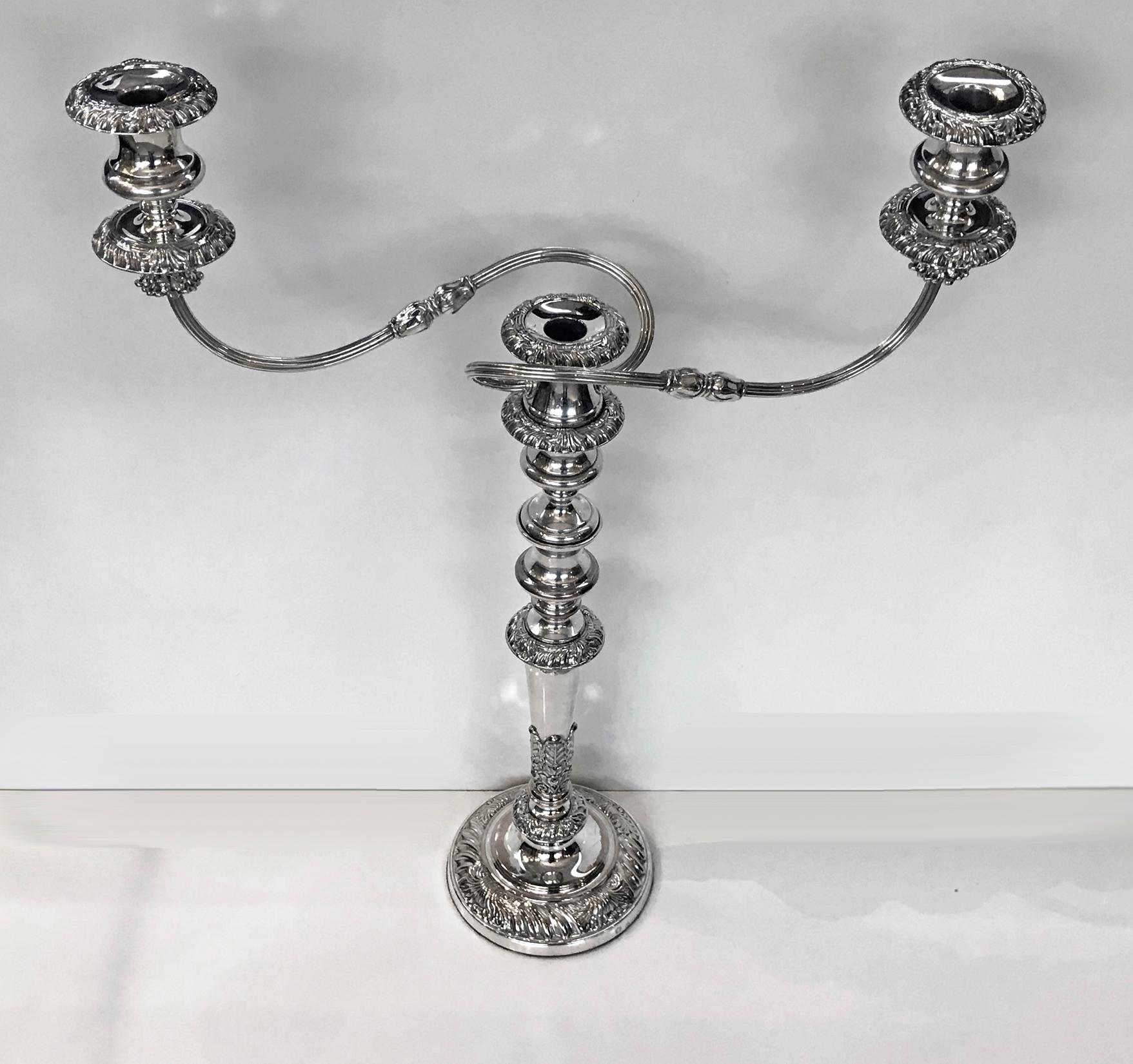 Large pair of antique Sheffield plate candelabra candlesticks English circa 1900 Ellis Bros. The candelabra, Regency Matthew Boulton style, on lobate anthemion circular bases, tapered acanthus stems, each supporting a three light branch (convertible