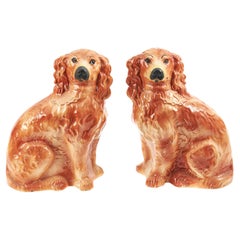 Large Pair Of Antique Staffordshire Spaniel Dogs With Glass Eyes