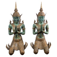 Large Pair of Vintage Style Bronze Thai Praying Buddhas