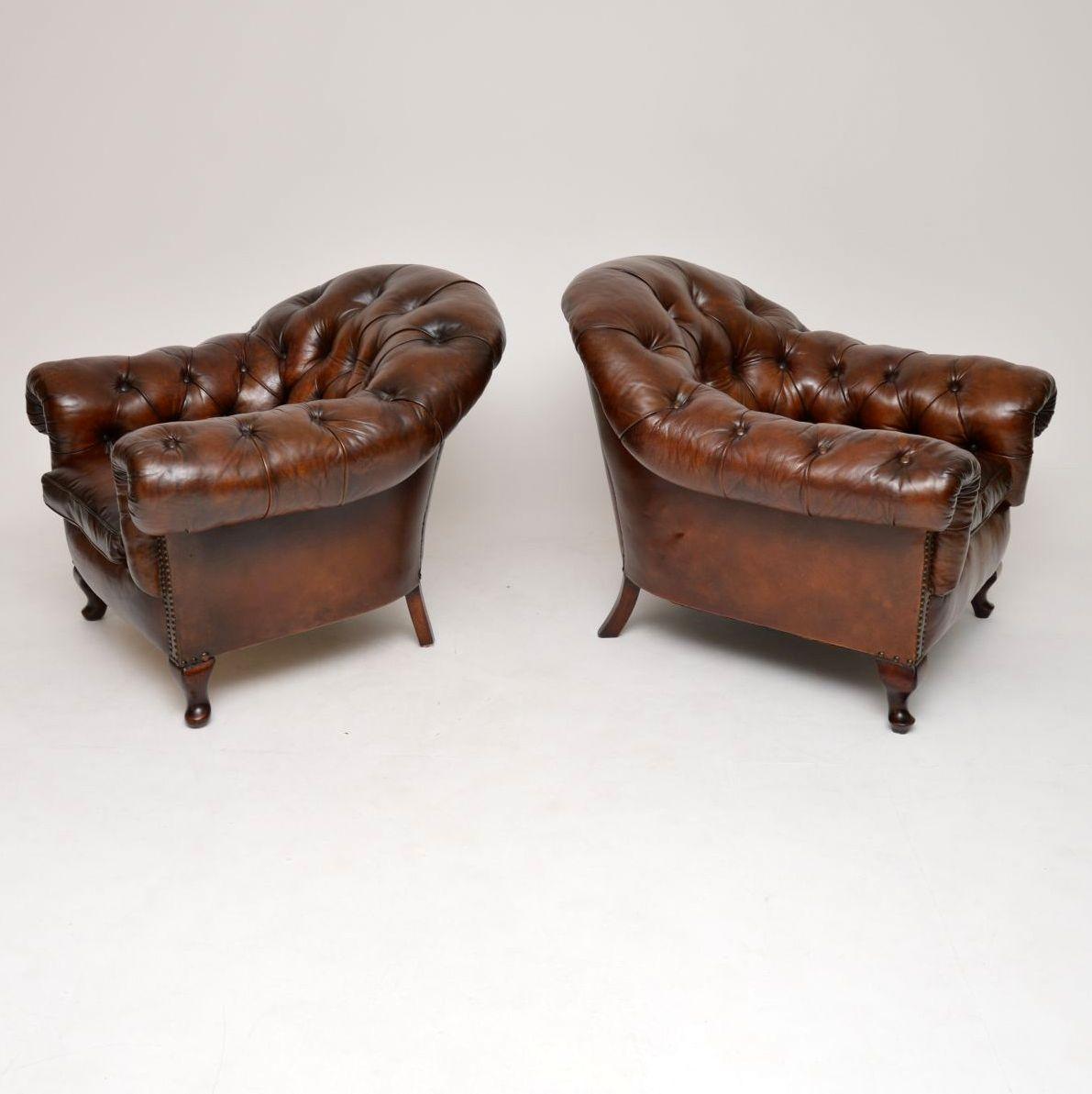 Large Pair of Antique Swedish Leather Armchairs 5