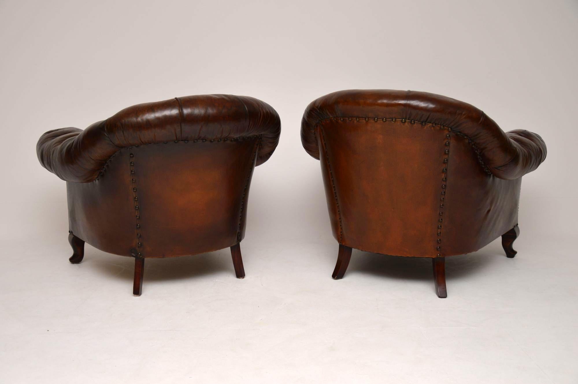 Large Pair of Antique Swedish Leather Armchairs 7