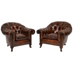 Large Pair of Antique Swedish Leather Armchairs