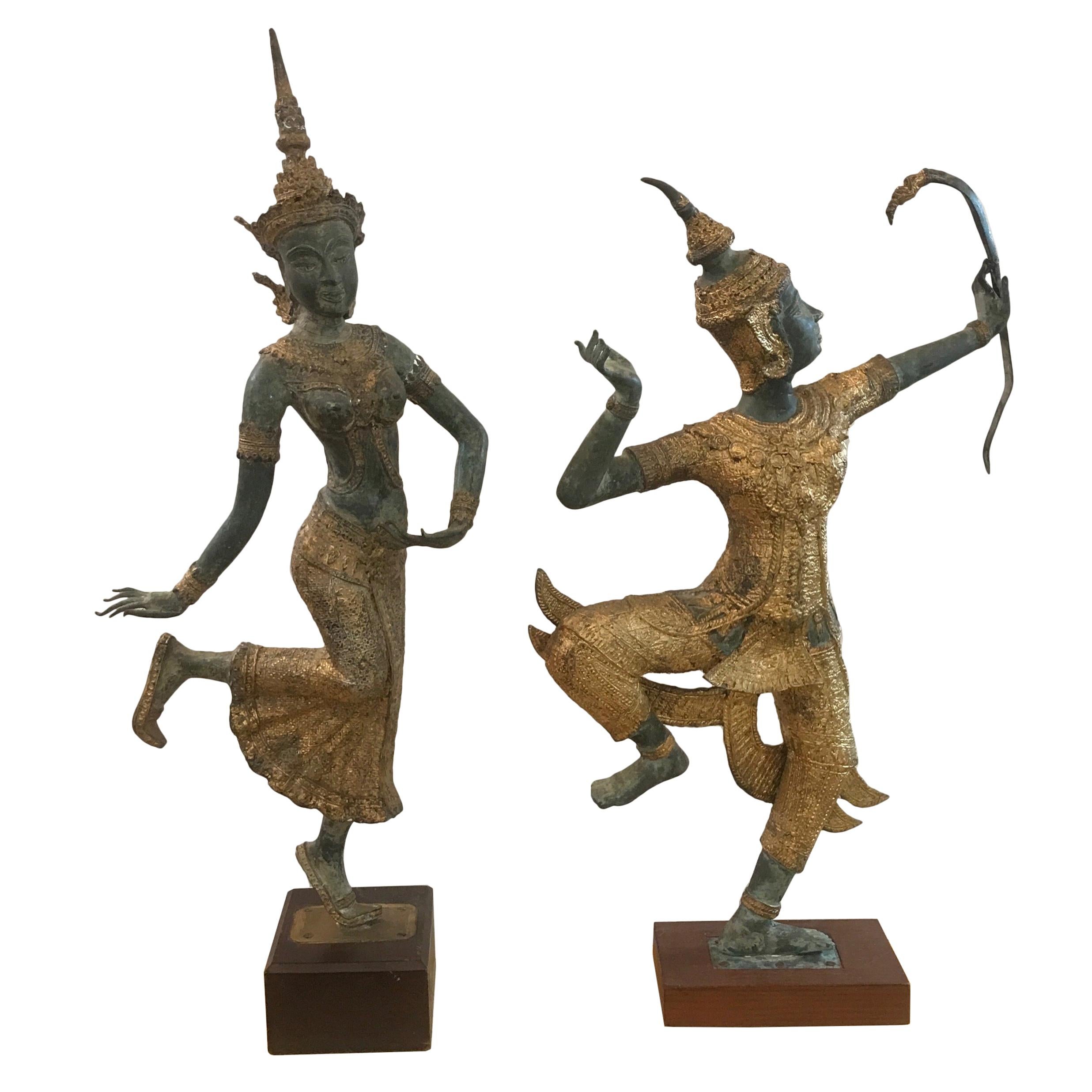Large Pair of Antique Thai Bronze Sculptures of an Archer and a Dancer