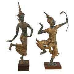 Large Pair of Antique Thai Bronze Sculptures of an Archer and a Dancer