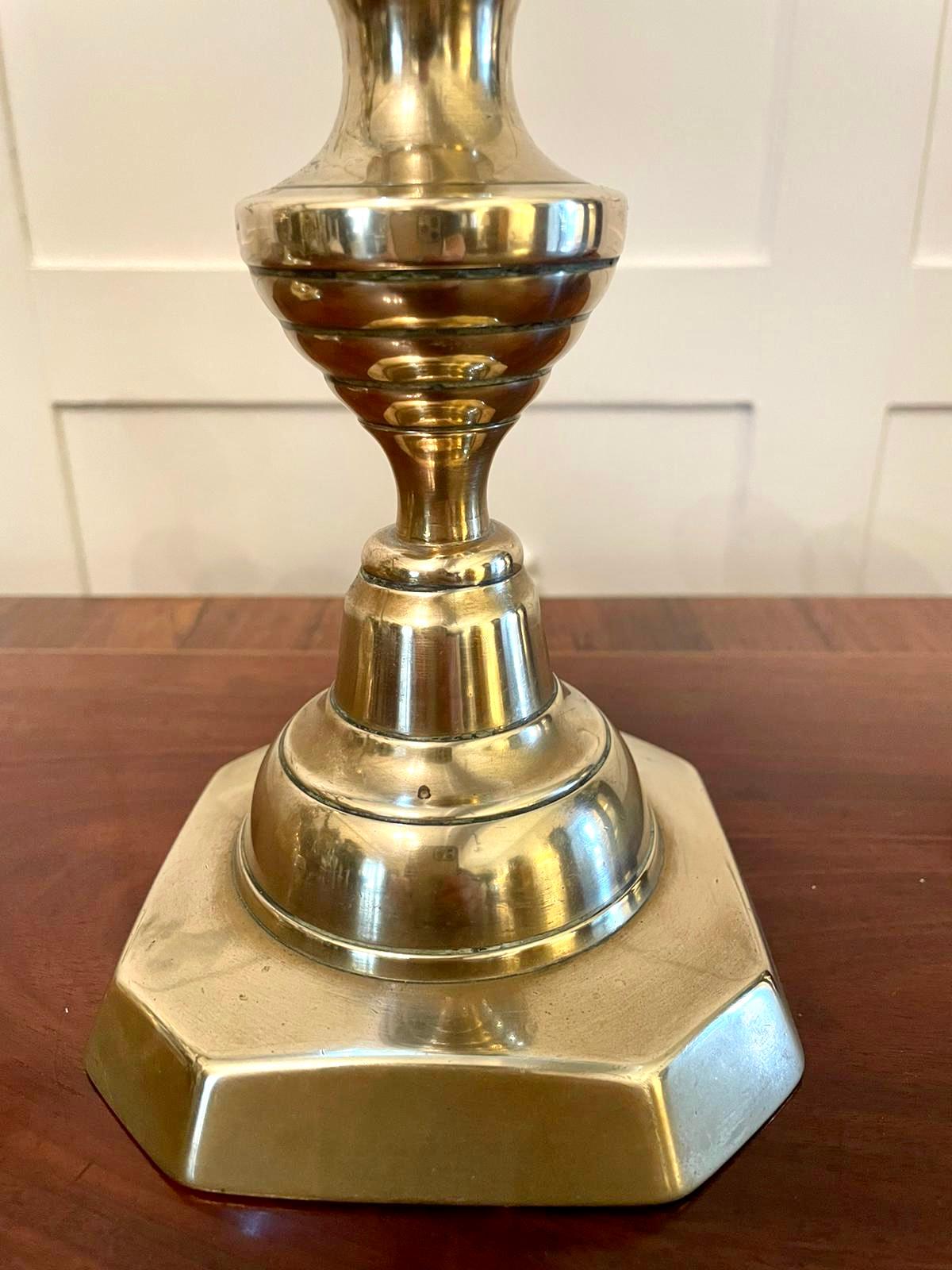 Large pair of antique Victorian brass candlesticks having a beehive and diamond shaped column raised on a square stepped base.

Wonderful original condition.

H 30cm 
W 11.5cm 
D 11.5cm
Date 1860 
NO 2.