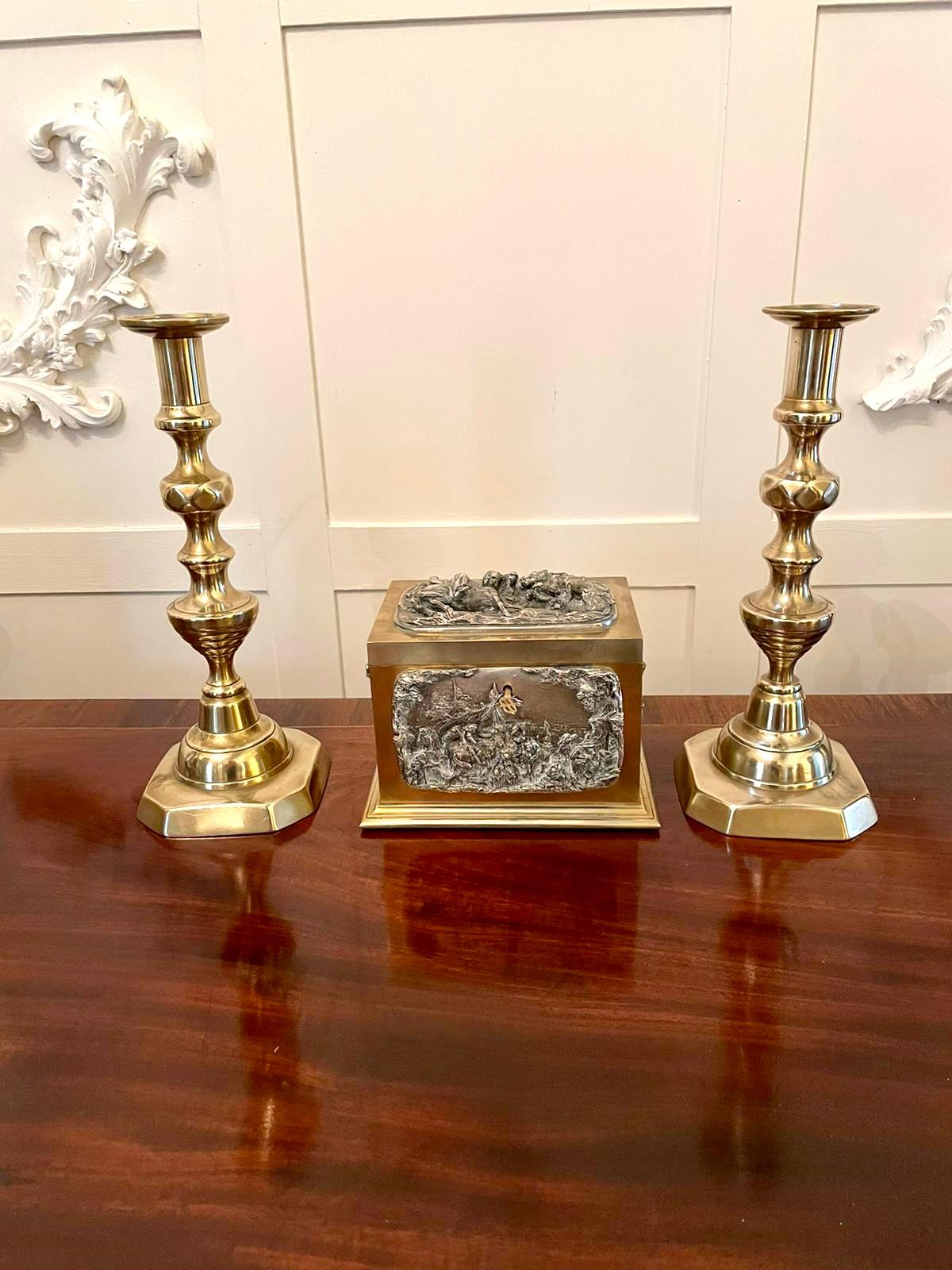 European Large Pair of Antique Victorian Brass Candlesticks