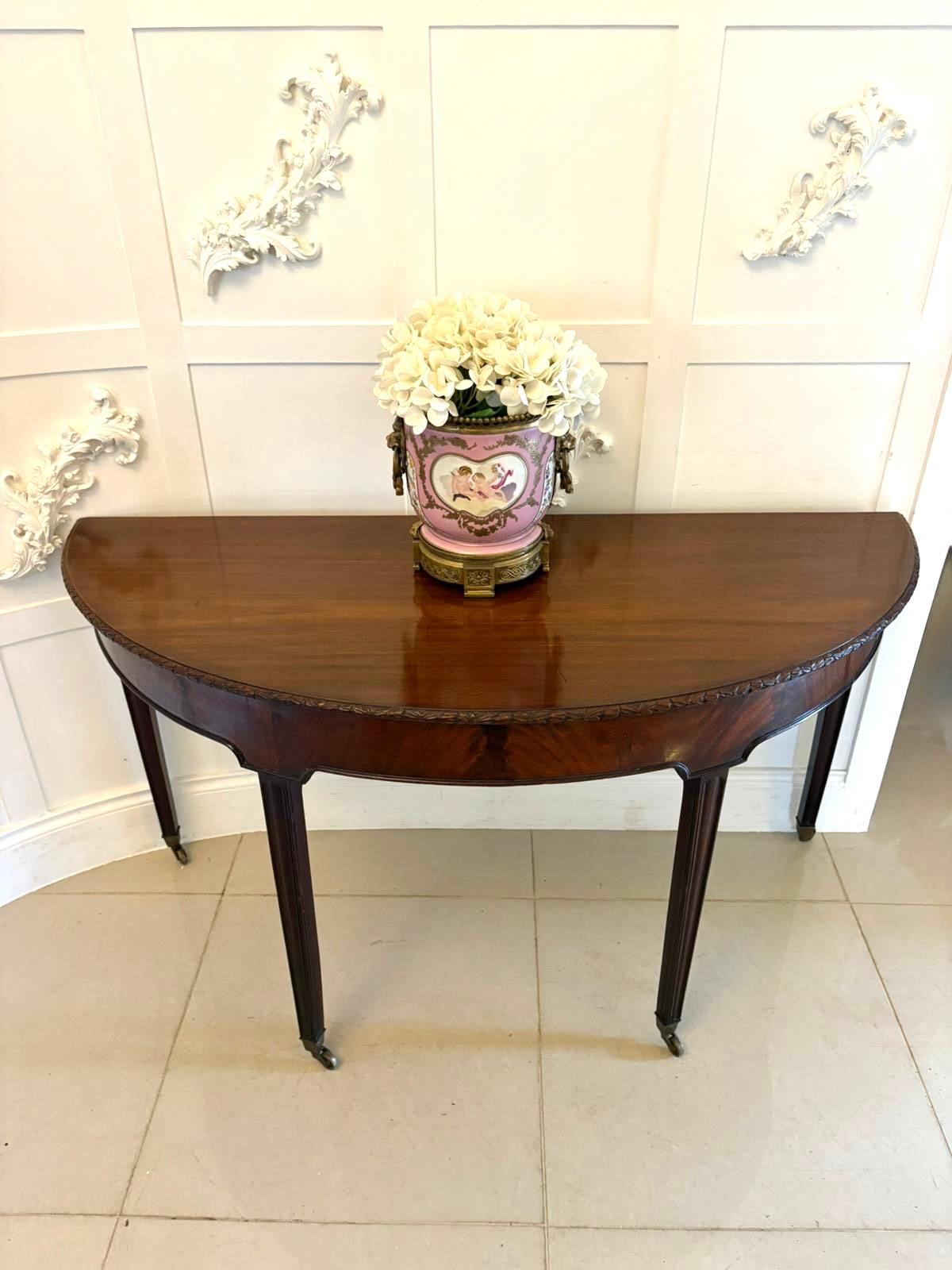 English Large Pair of Antique Victorian Mahogany Demilune Console Tables For Sale