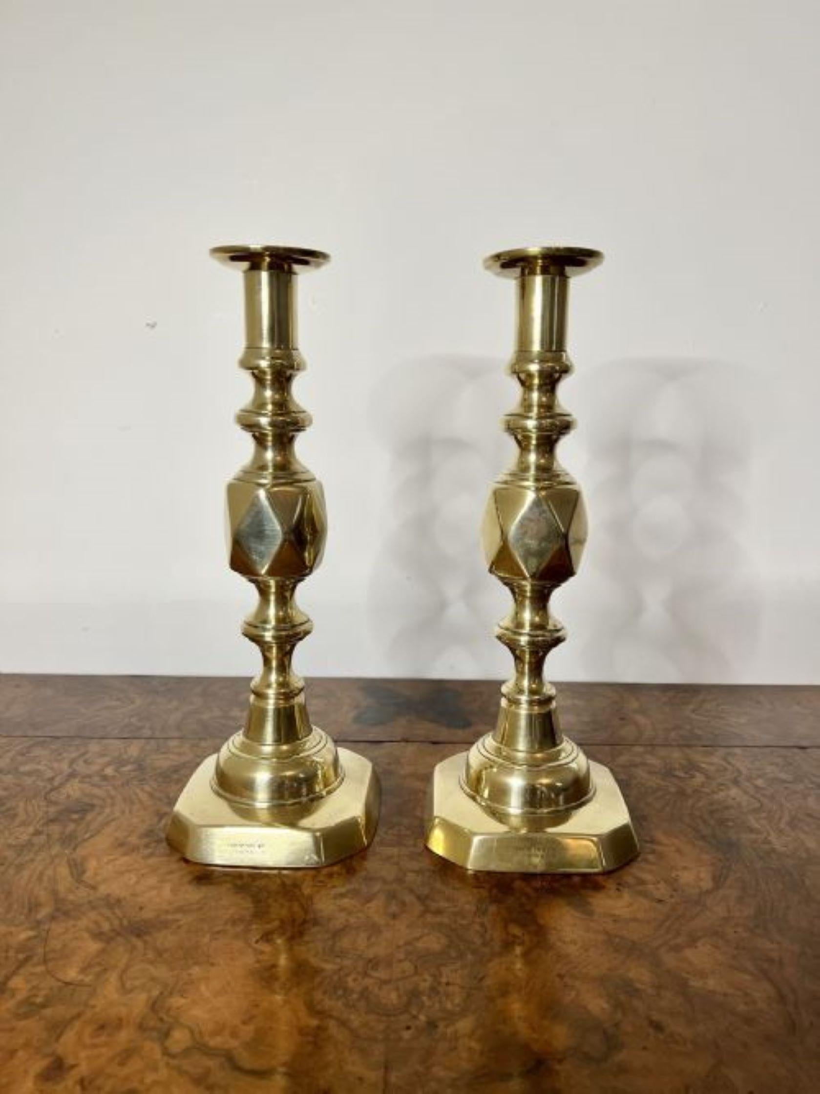 Large pair of antique Victorian quality brass candlesticks marked to the base the king of diamonds 