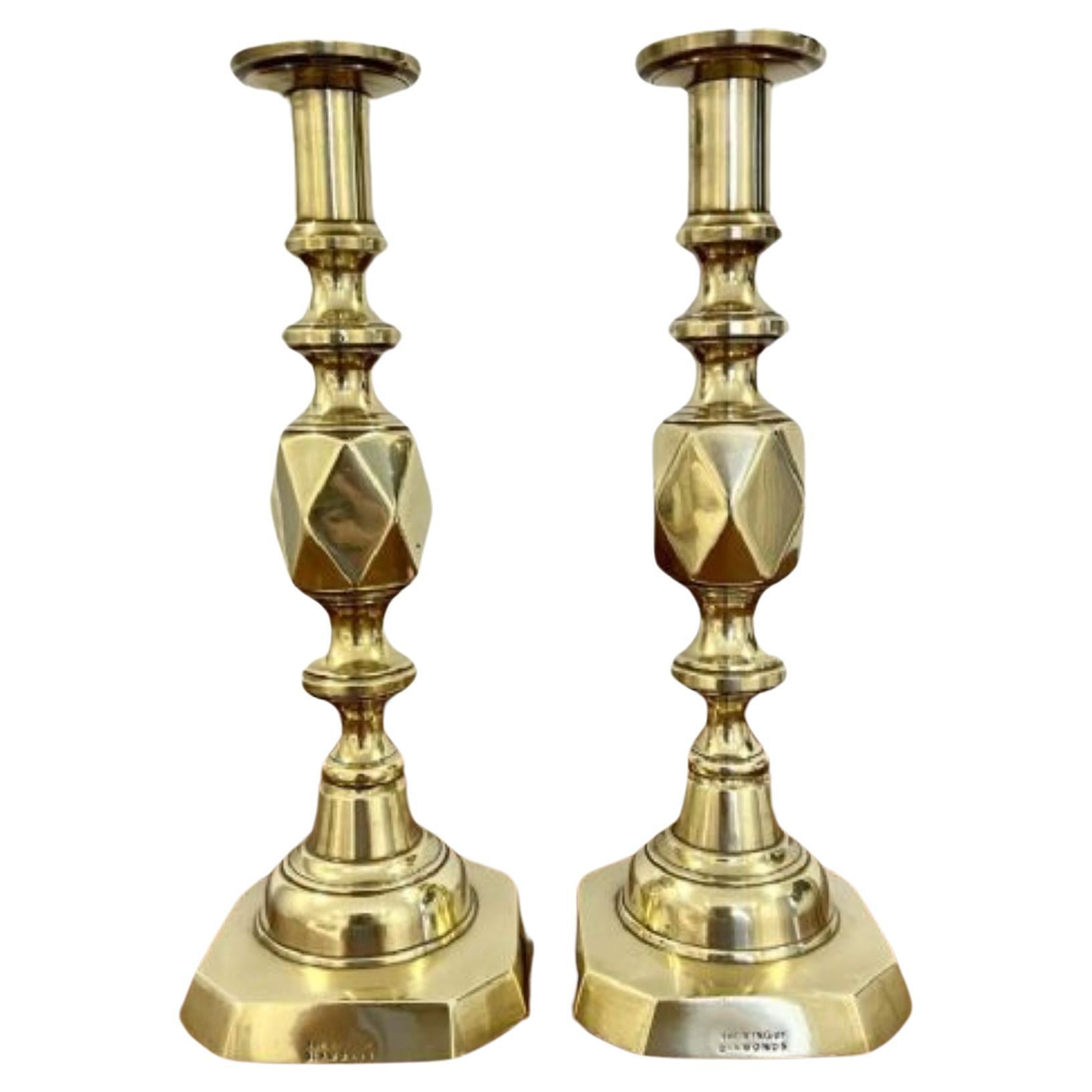 Large pair of antique Victorian quality brass candlesticks king of diamonds For Sale