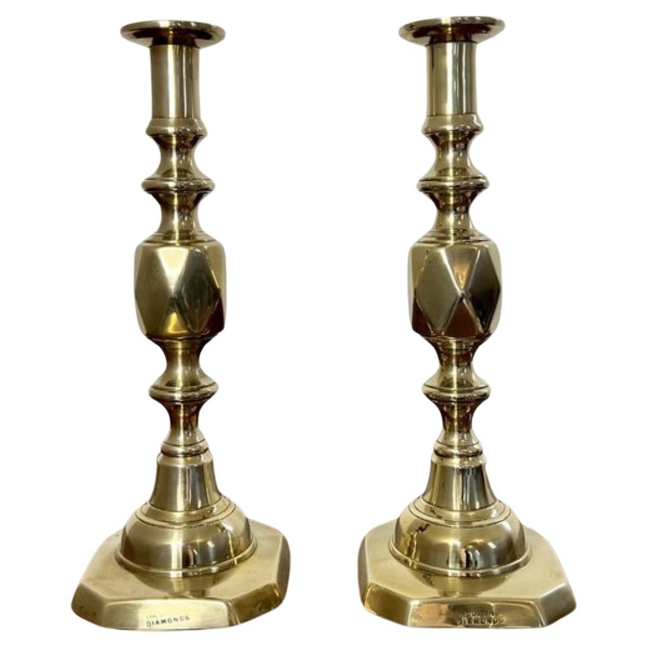 Large pair of antique Victorian quality brass candlesticks queen of diamonds For Sale