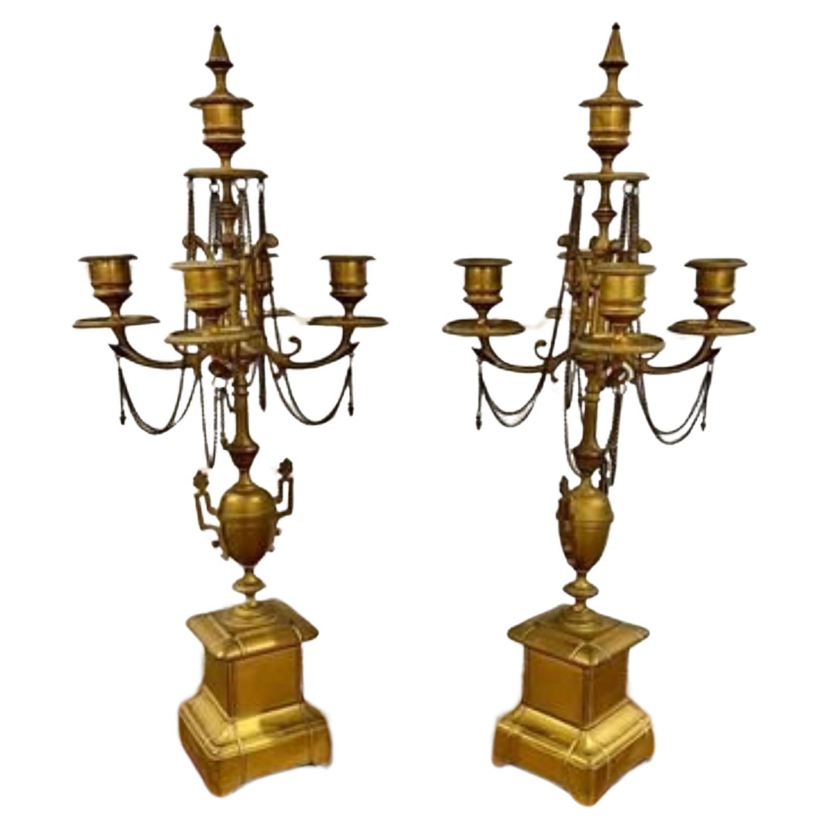 Large pair of antique Victorian quality gilded brass candelabras For Sale