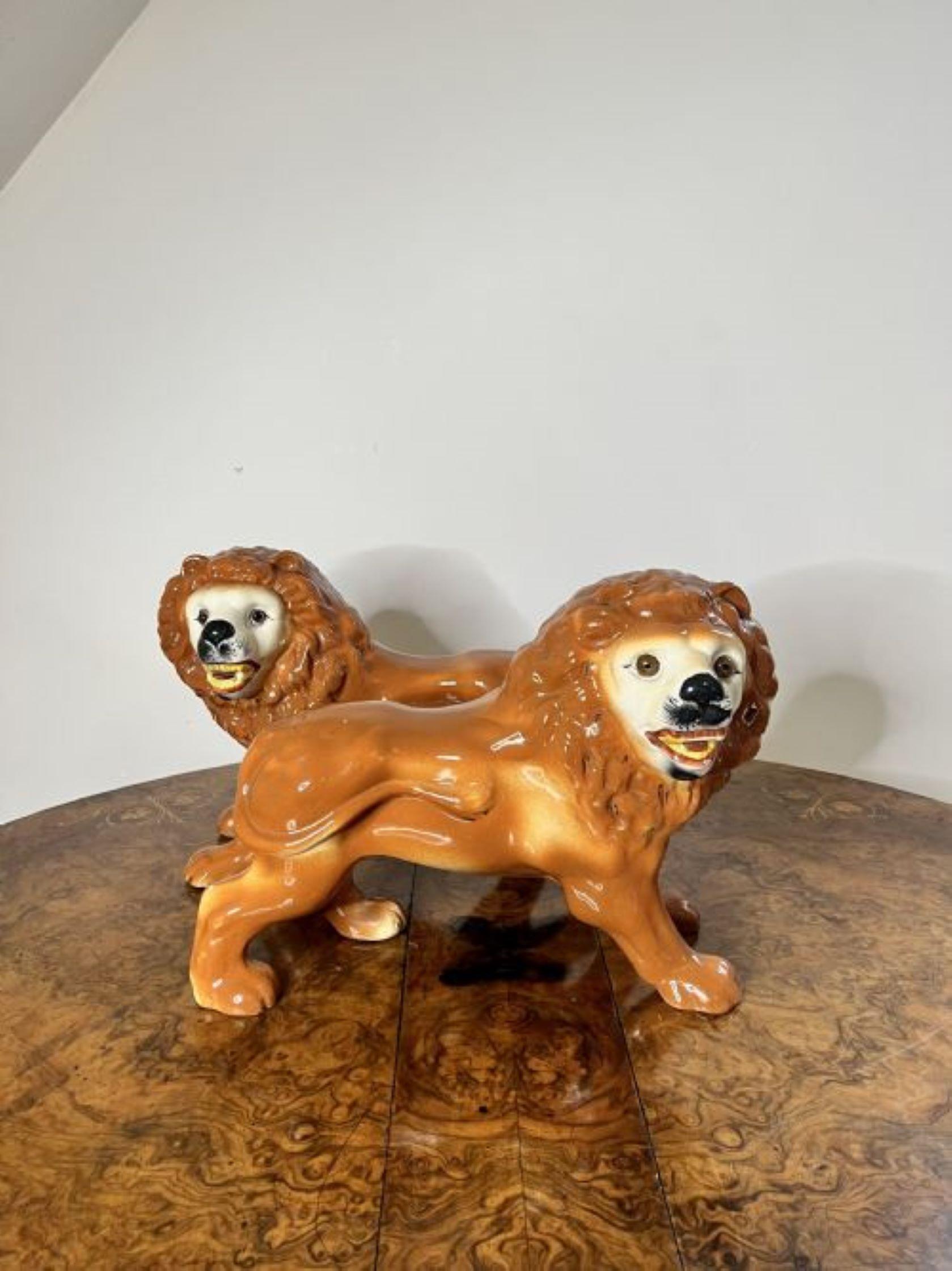 Ceramic Large pair of antique Victorian Staffordshire lions  For Sale