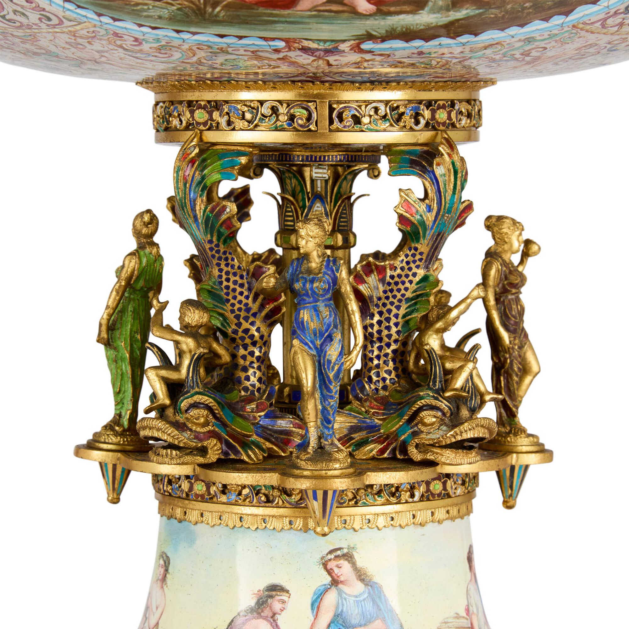 Large Pair of Antique Viennese Silver-Gilt and Enamel Vases Attributed to Böhm For Sale 4