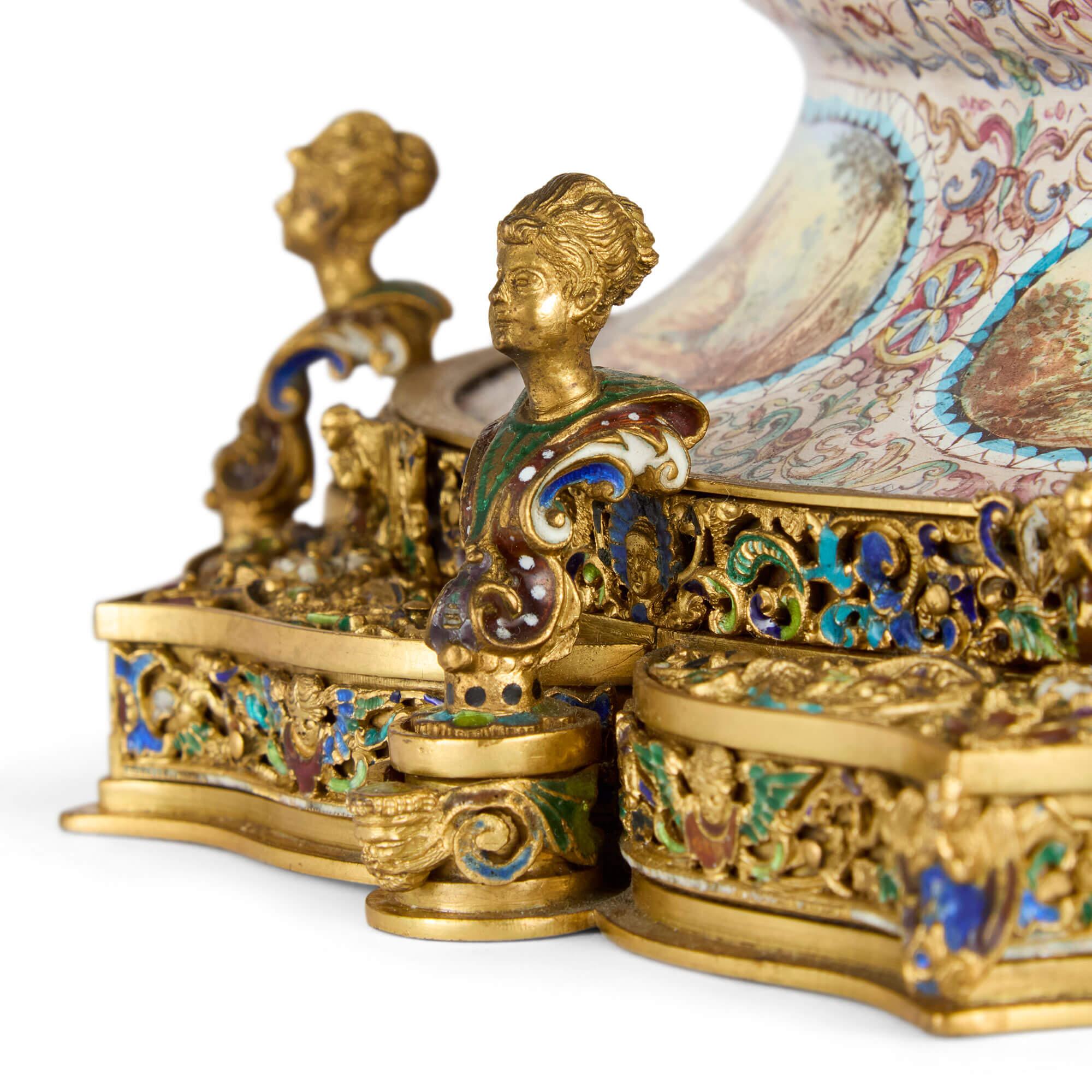 Large Pair of Antique Viennese Silver-Gilt and Enamel Vases Attributed to Böhm For Sale 5