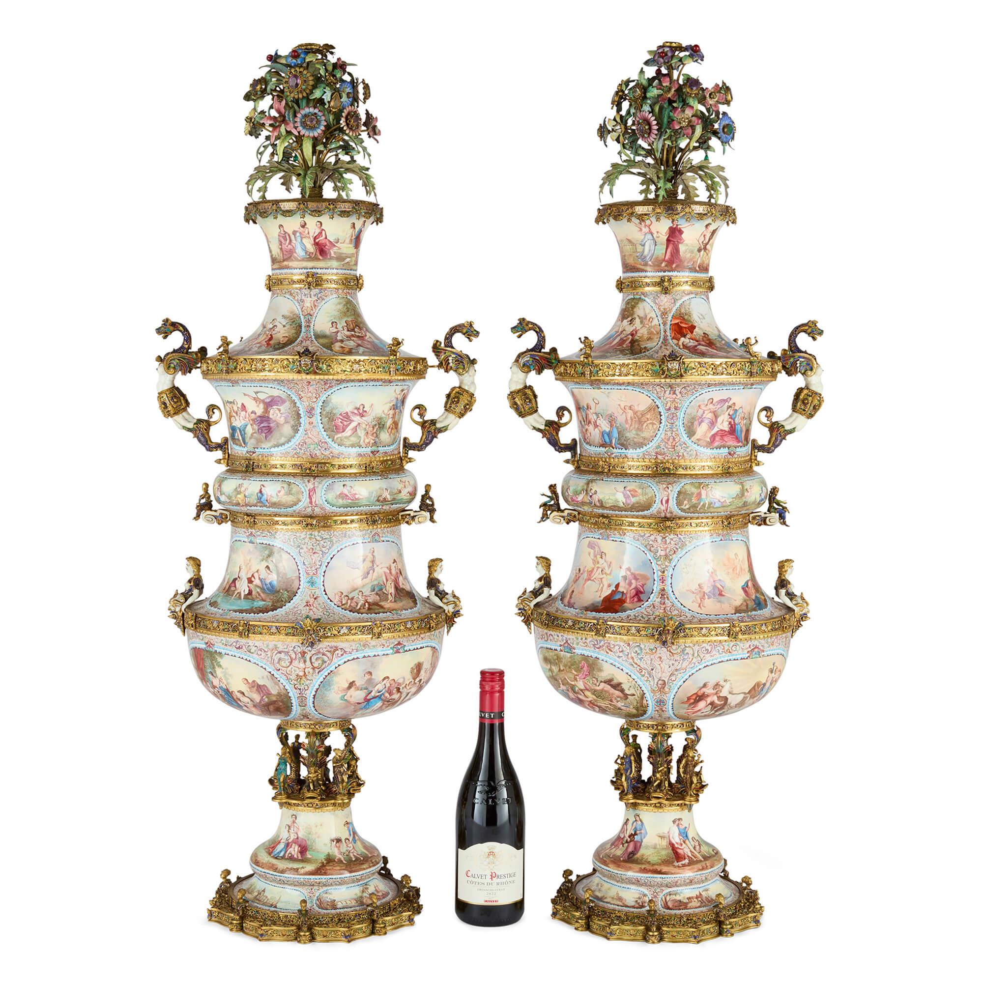 Large Pair of Antique Viennese Silver-Gilt and Enamel Vases Attributed to Böhm For Sale 8