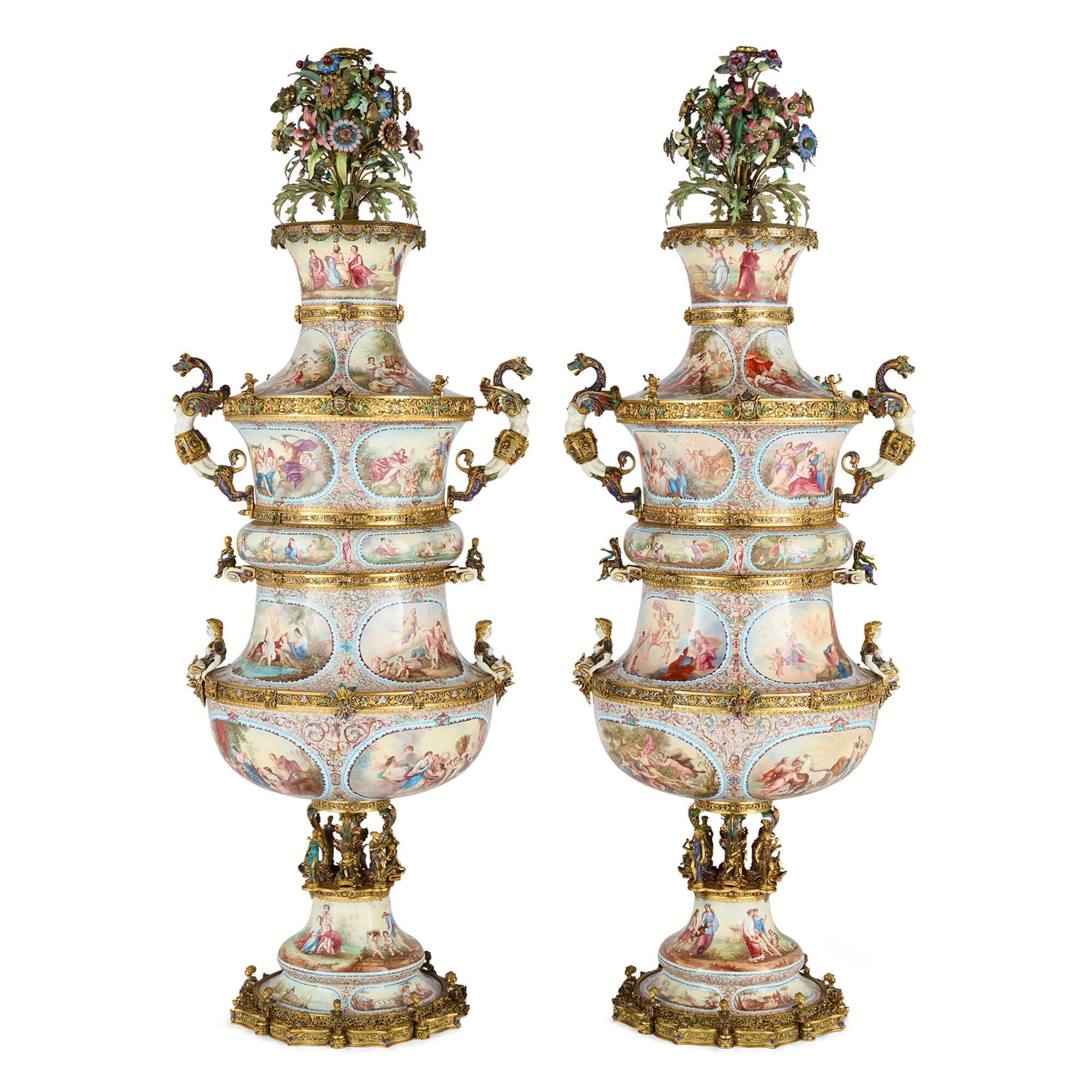 Very large pair of antique Viennese silver-gilt and enamel vases attributed to Böhm
Austrian, c. 1880
Height 103cm, width 38cm, depth 32cm

This exceptional pair of vases, attributed to Hermann Böhm, a renowned Austrian enamellist, exemplifies the