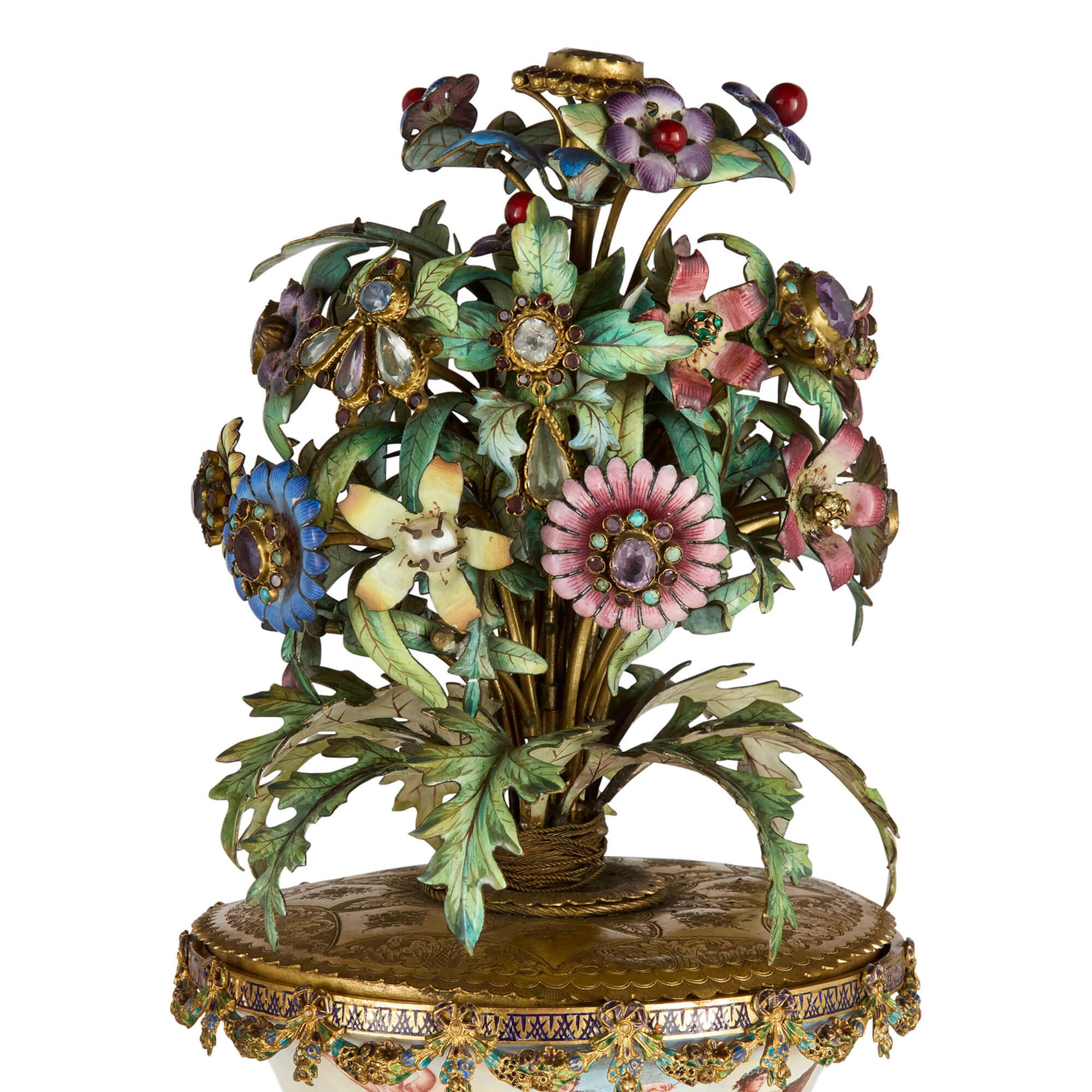 Renaissance Revival Large Pair of Antique Viennese Silver-Gilt and Enamel Vases Attributed to Böhm For Sale