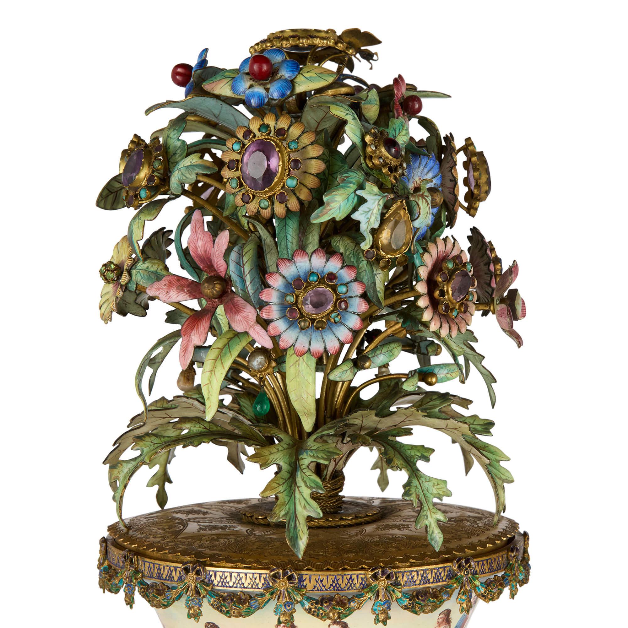 Austrian Large Pair of Antique Viennese Silver-Gilt and Enamel Vases Attributed to Böhm For Sale