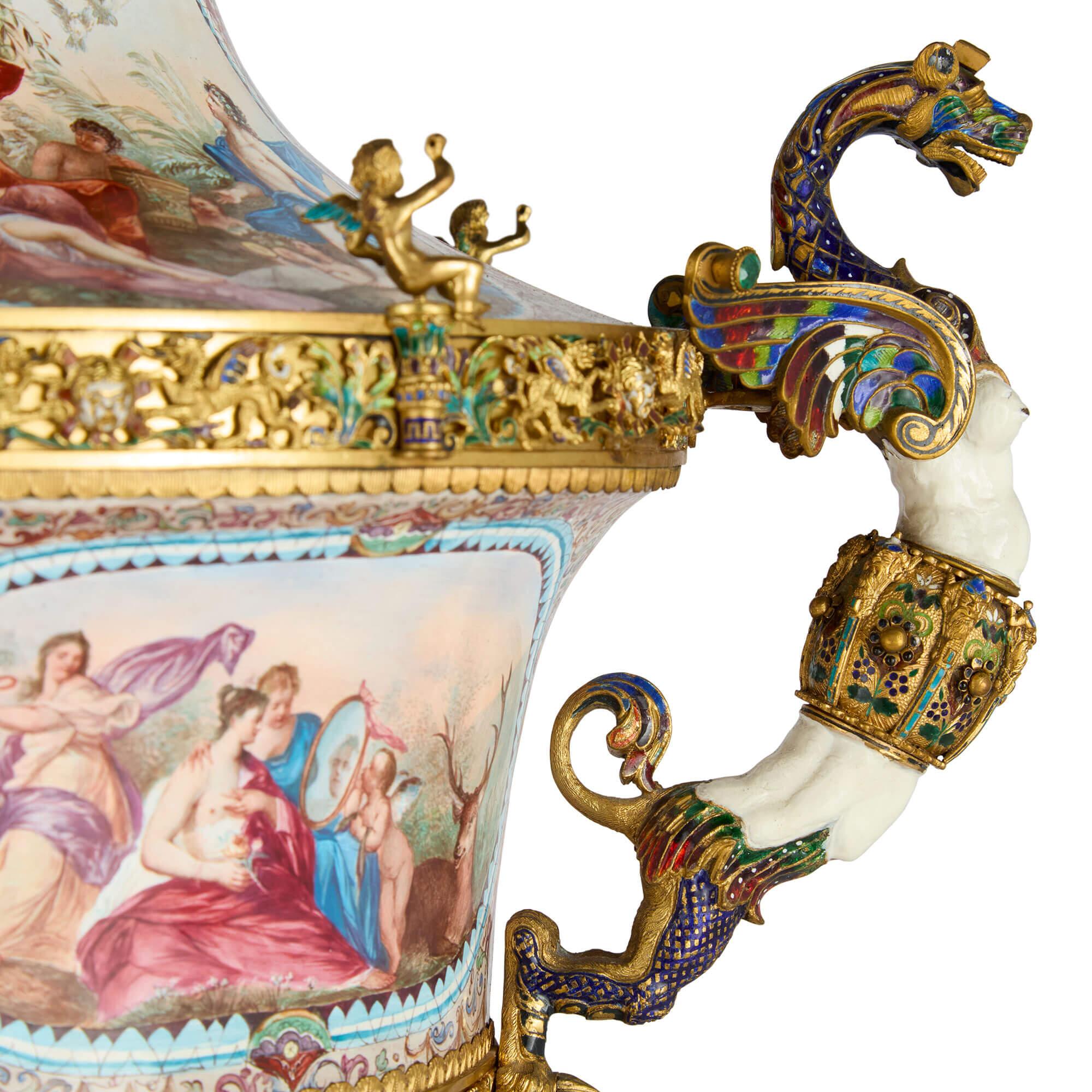 Large Pair of Antique Viennese Silver-Gilt and Enamel Vases Attributed to Böhm In Good Condition For Sale In London, GB