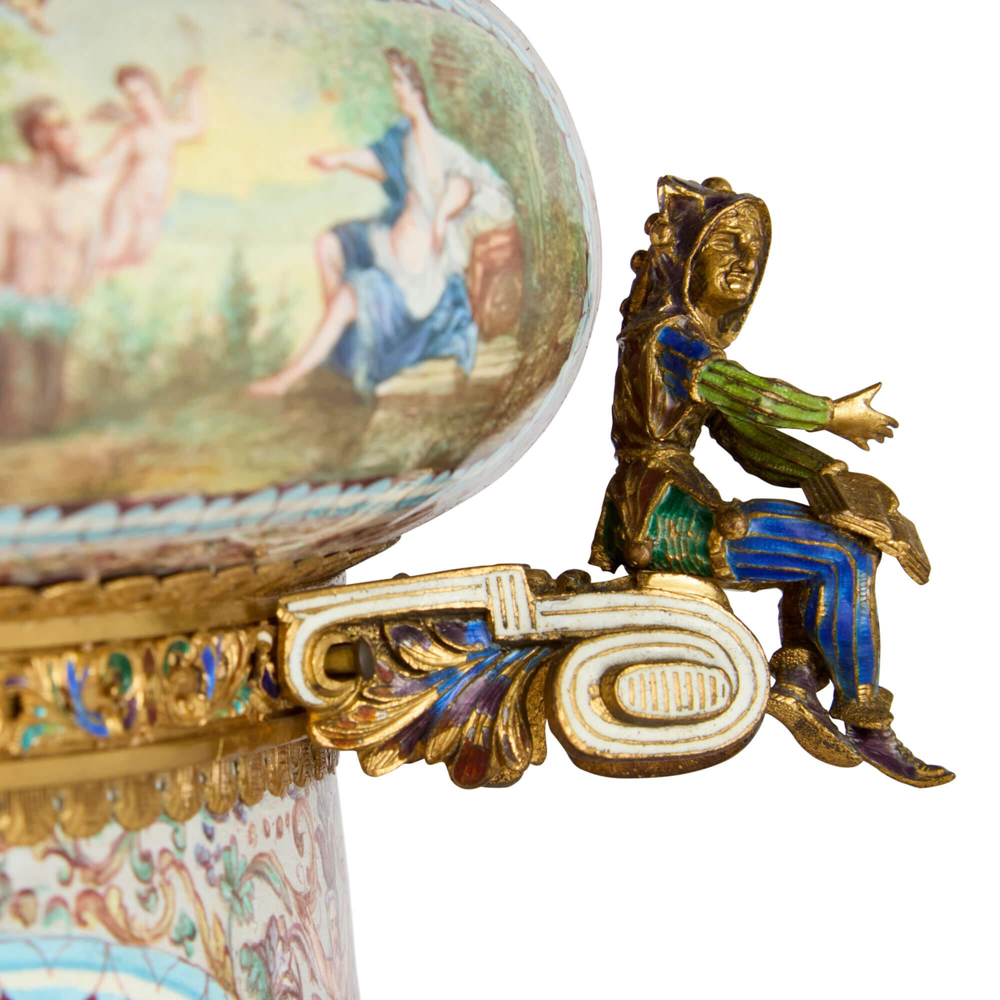 19th Century Large Pair of Antique Viennese Silver-Gilt and Enamel Vases Attributed to Böhm For Sale
