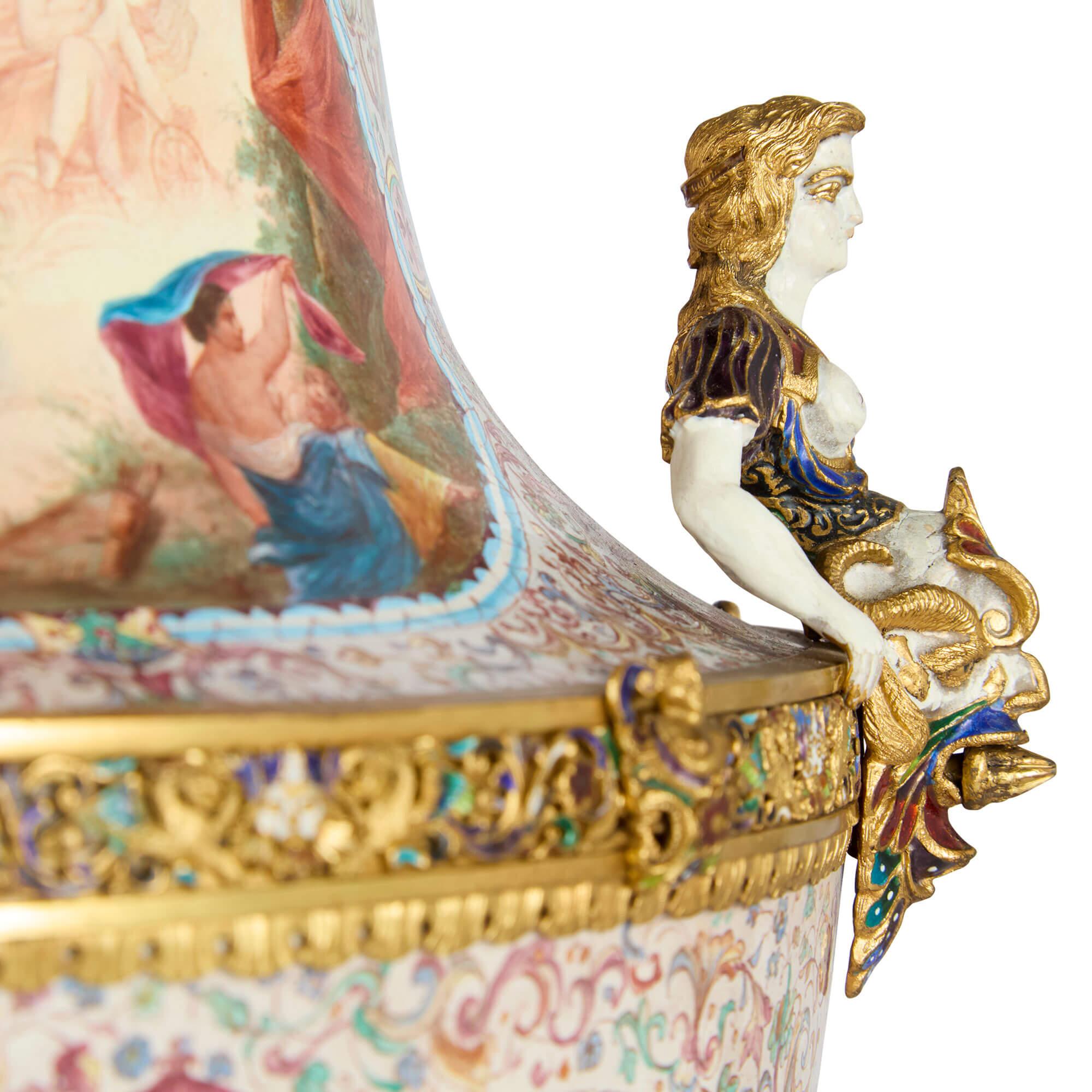 Vermeil Large Pair of Antique Viennese Silver-Gilt and Enamel Vases Attributed to Böhm For Sale