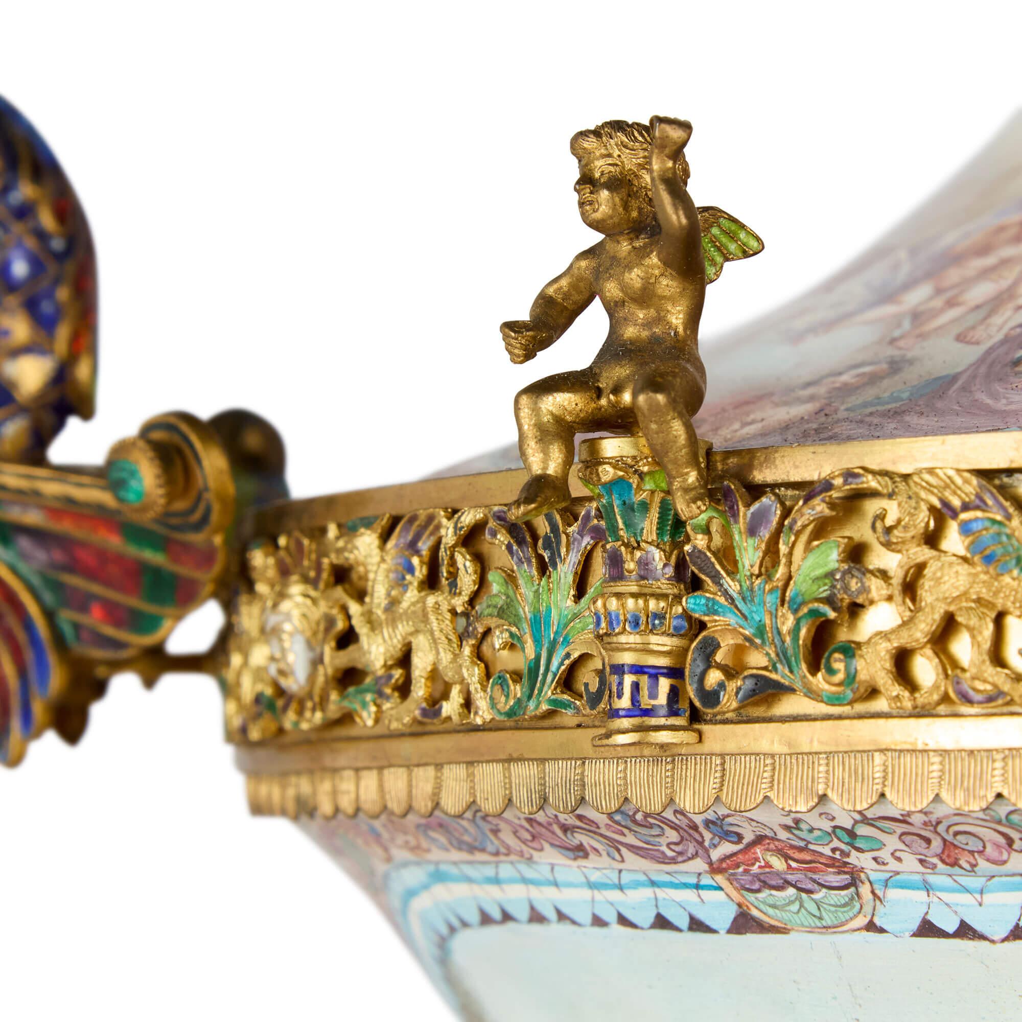 Large Pair of Antique Viennese Silver-Gilt and Enamel Vases Attributed to Böhm For Sale 1