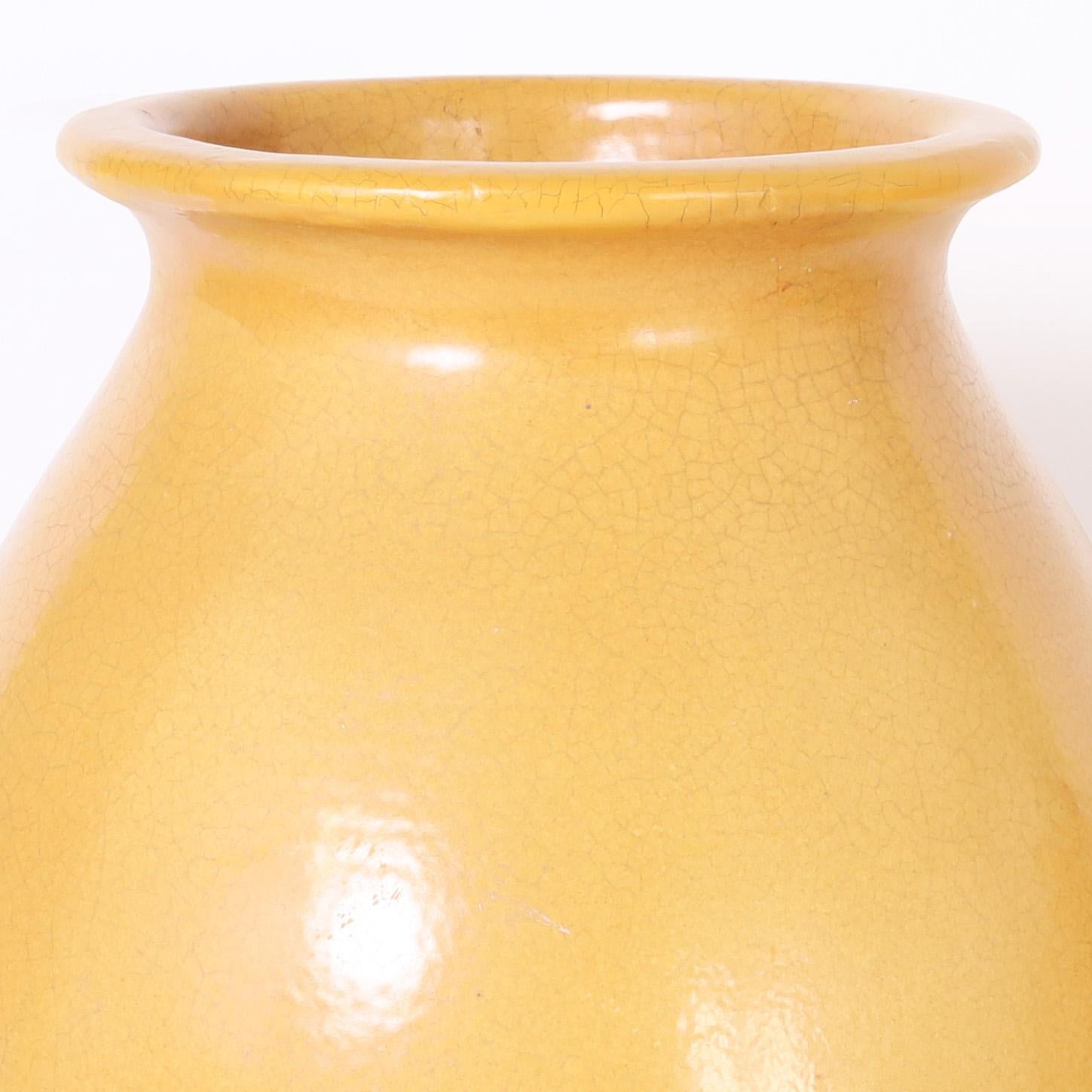 Large Pair of Antique Yellow Glazed Jardinieres or Floor Vases In Good Condition For Sale In Palm Beach, FL