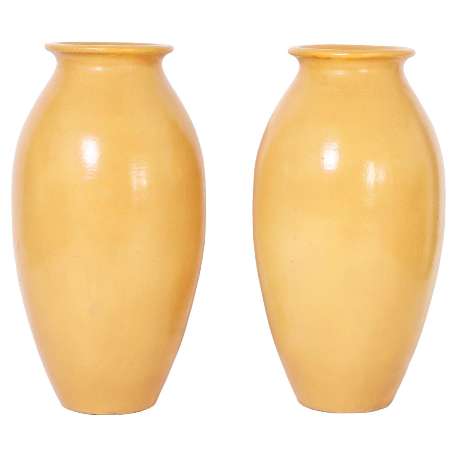 Large Pair of Antique Yellow Glazed Jardinieres or Floor Vases For Sale
