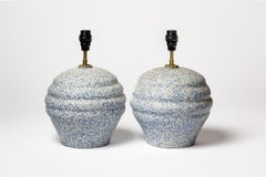 Large pair of art deco blue and white ceramic tables lamps circa 1940 20th