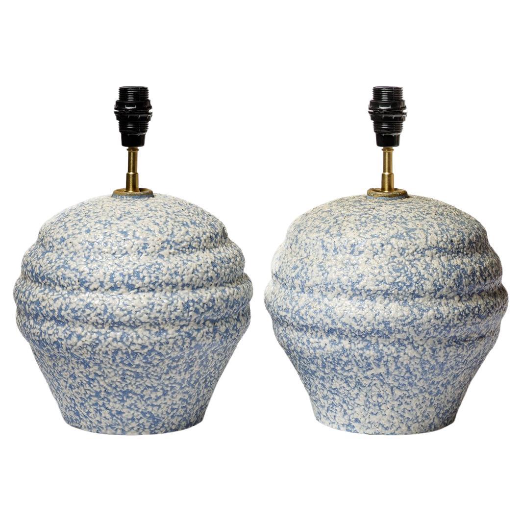 Large pair of art deco blue and white ceramic tables lamps circa 1940 20th