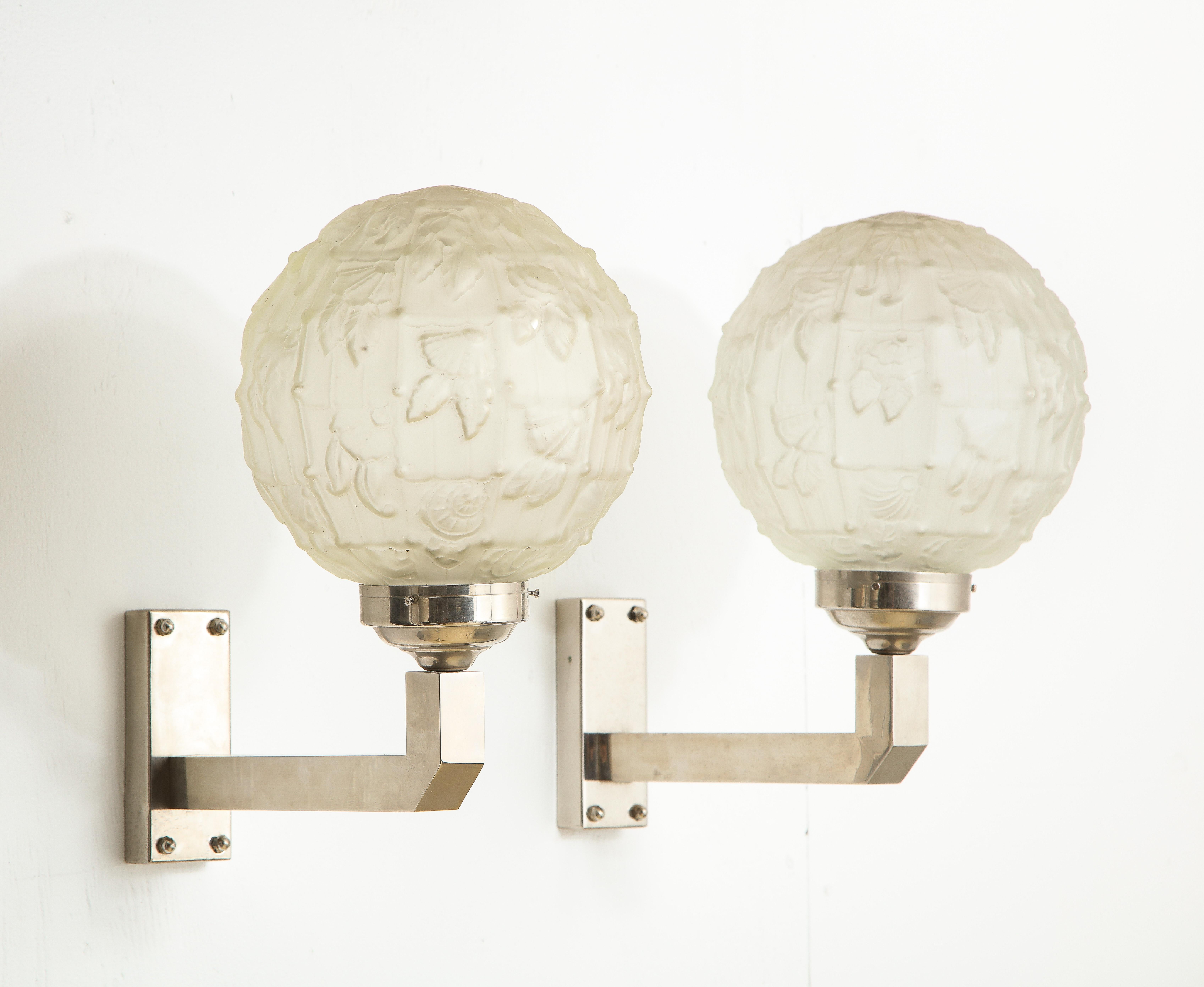 Pair of Large Art Deco Cast Glass & Nickeled Bronze Sconces, France 1930's For Sale 1