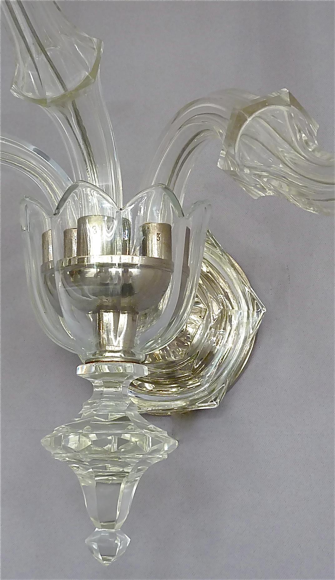 Large Pair of Art Deco Faceted Crystal Glass Wall Lamps Sconces Baccarat Style For Sale 2