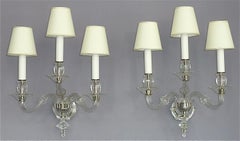 Large Pair of Art Deco Faceted Crystal Glass Wall Lamps Sconces Baccarat Style
