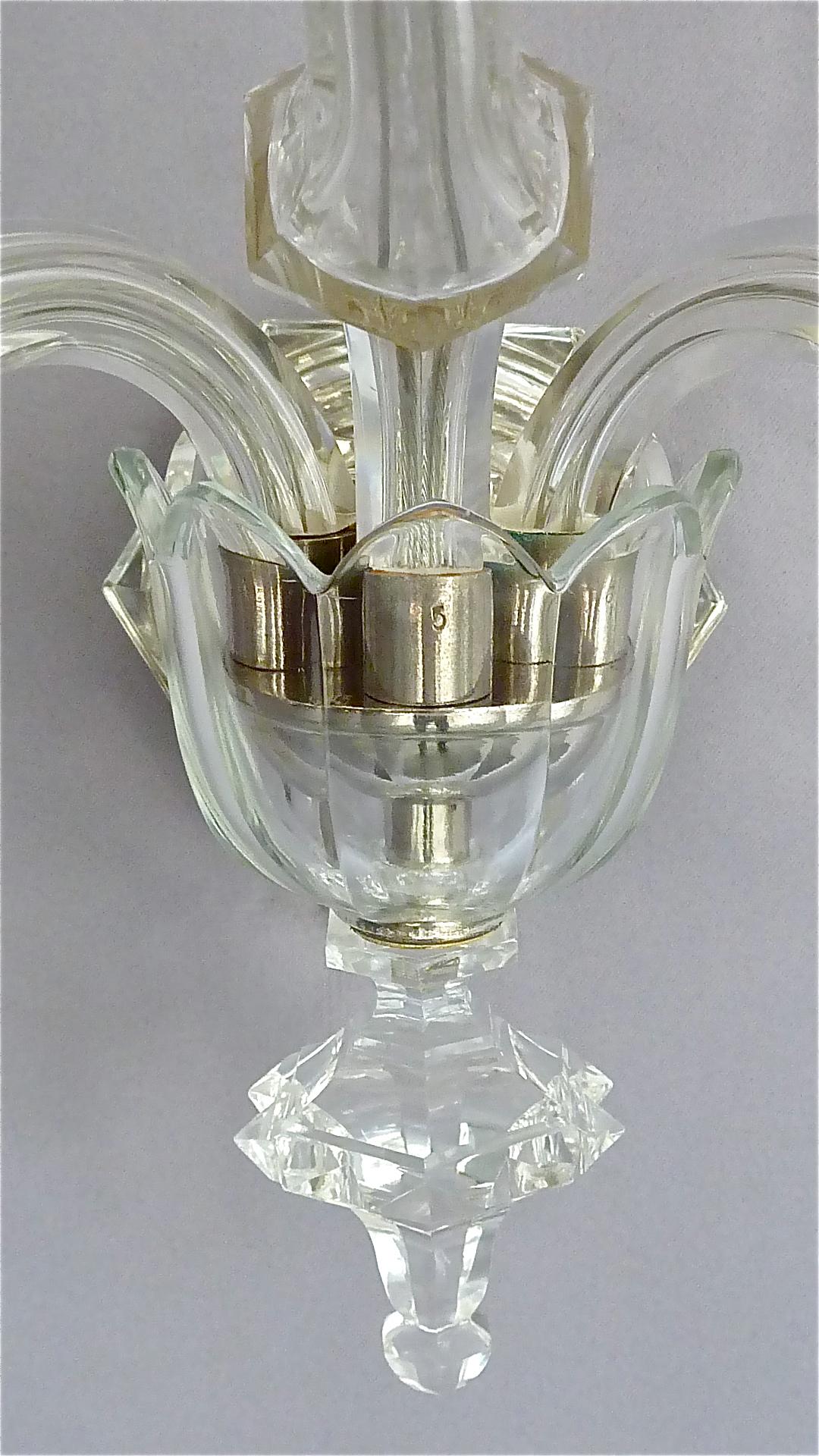 Large Pair of Art Deco Faceted Crystal Glass Wall Lamps Sconces Baccarat Style For Sale 1