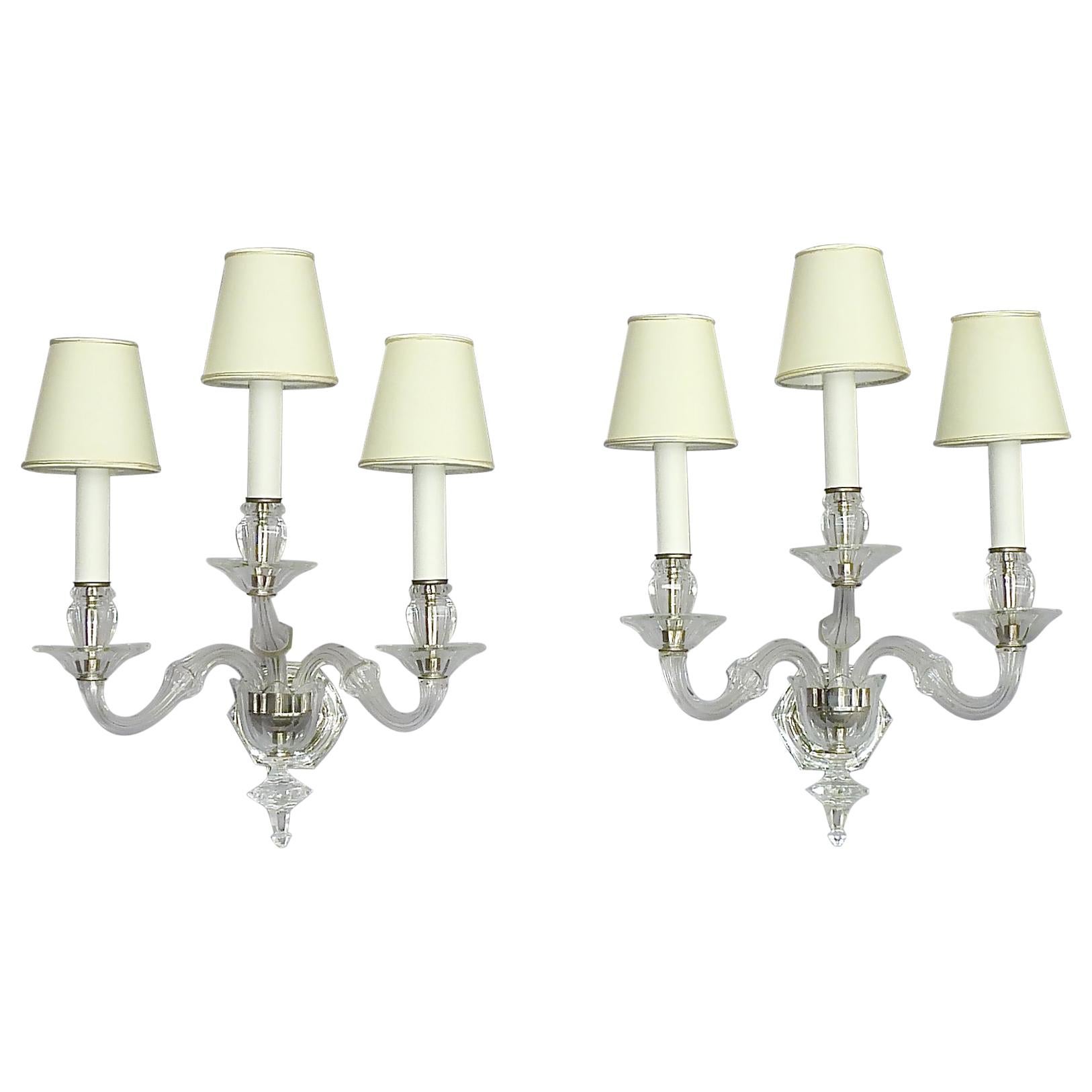 Large Pair of Art Deco Faceted Crystal Glass Wall Lamps Sconces Baccarat Style For Sale