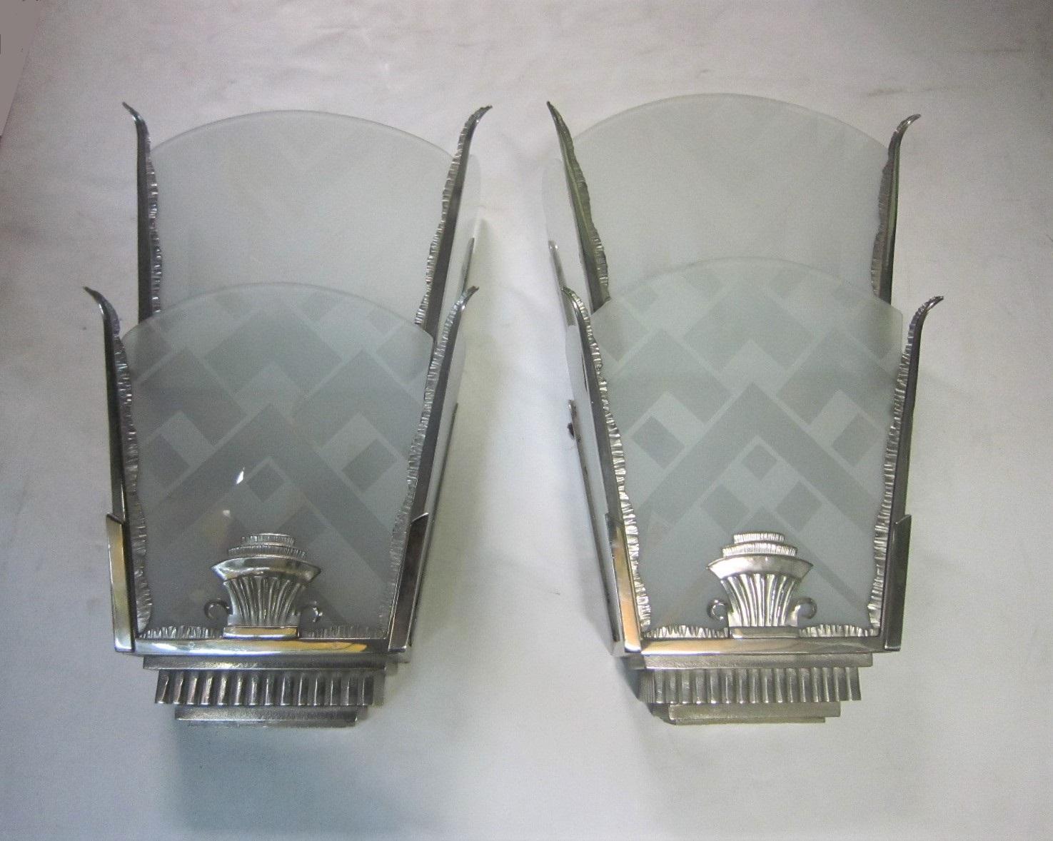 Large Pair of Art Deco Glass and Nickeled Iron Sconces 9