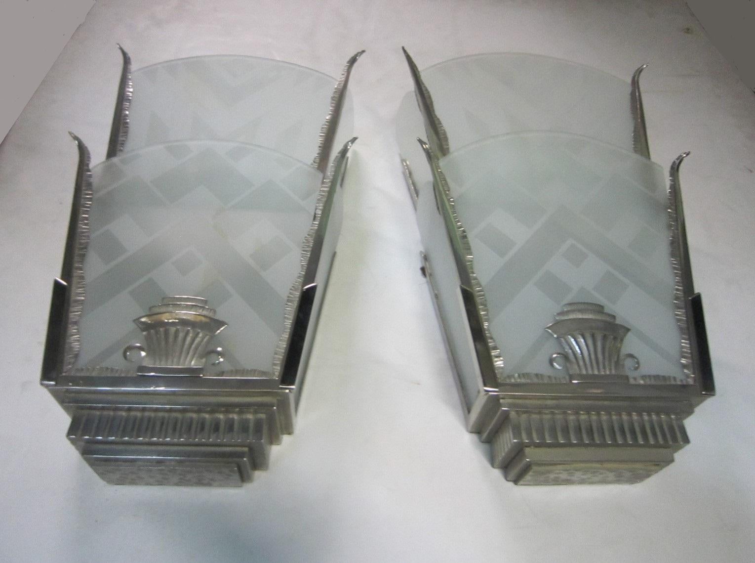 Large Pair of Art Deco Glass and Nickeled Iron Sconces 10